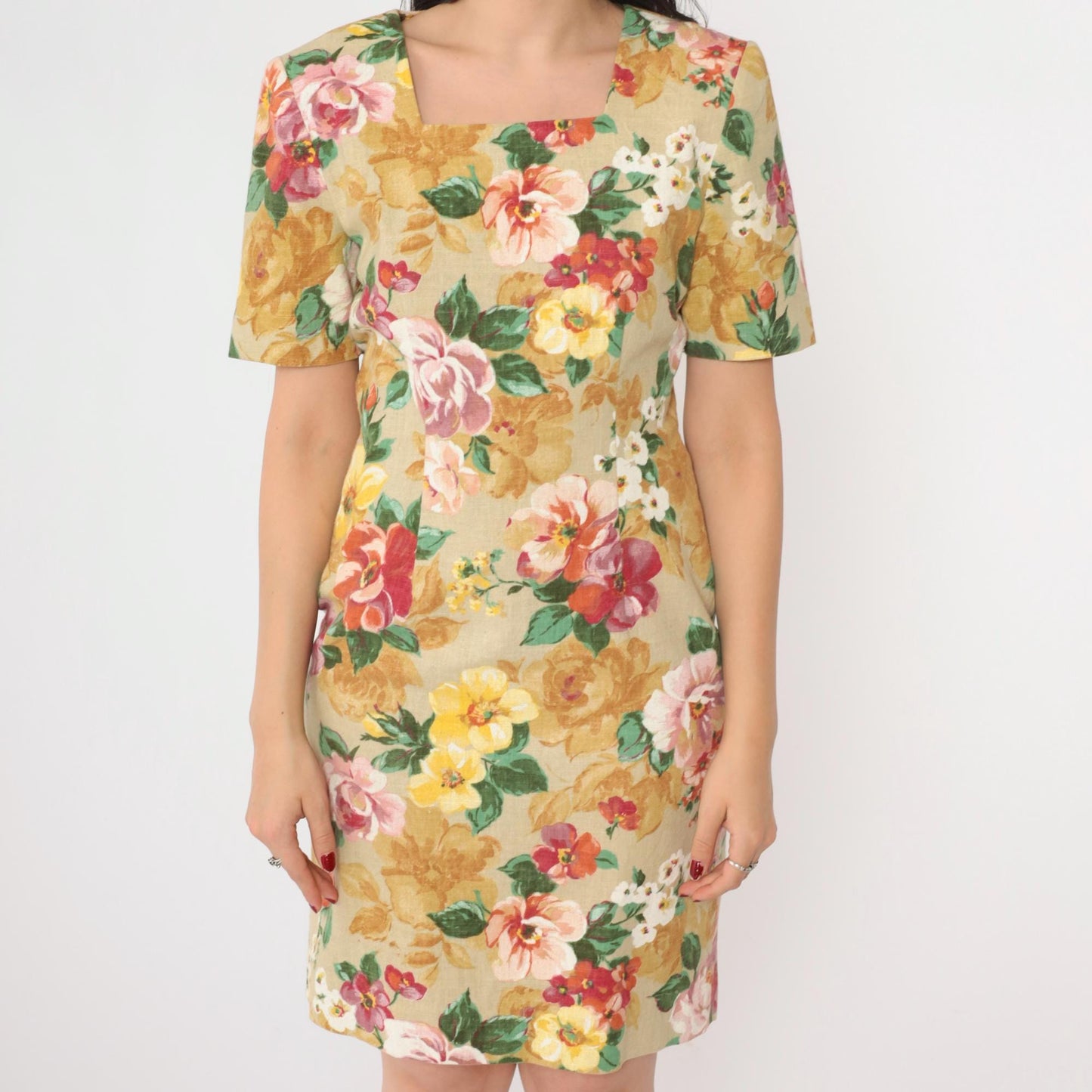 90s Petite Sophisticate Floral Mini Dress Tan Sheath Square Neck Extra Small