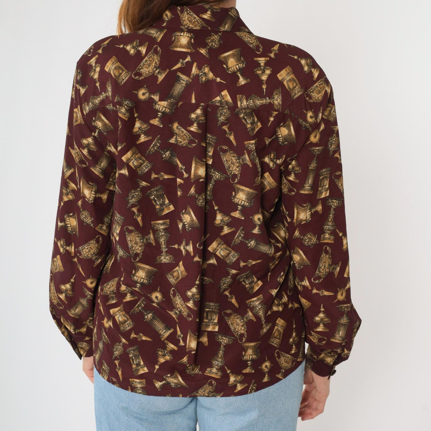 90s Jones New York Chalice Print Blouse Burgundy Gold Button Up Medium M