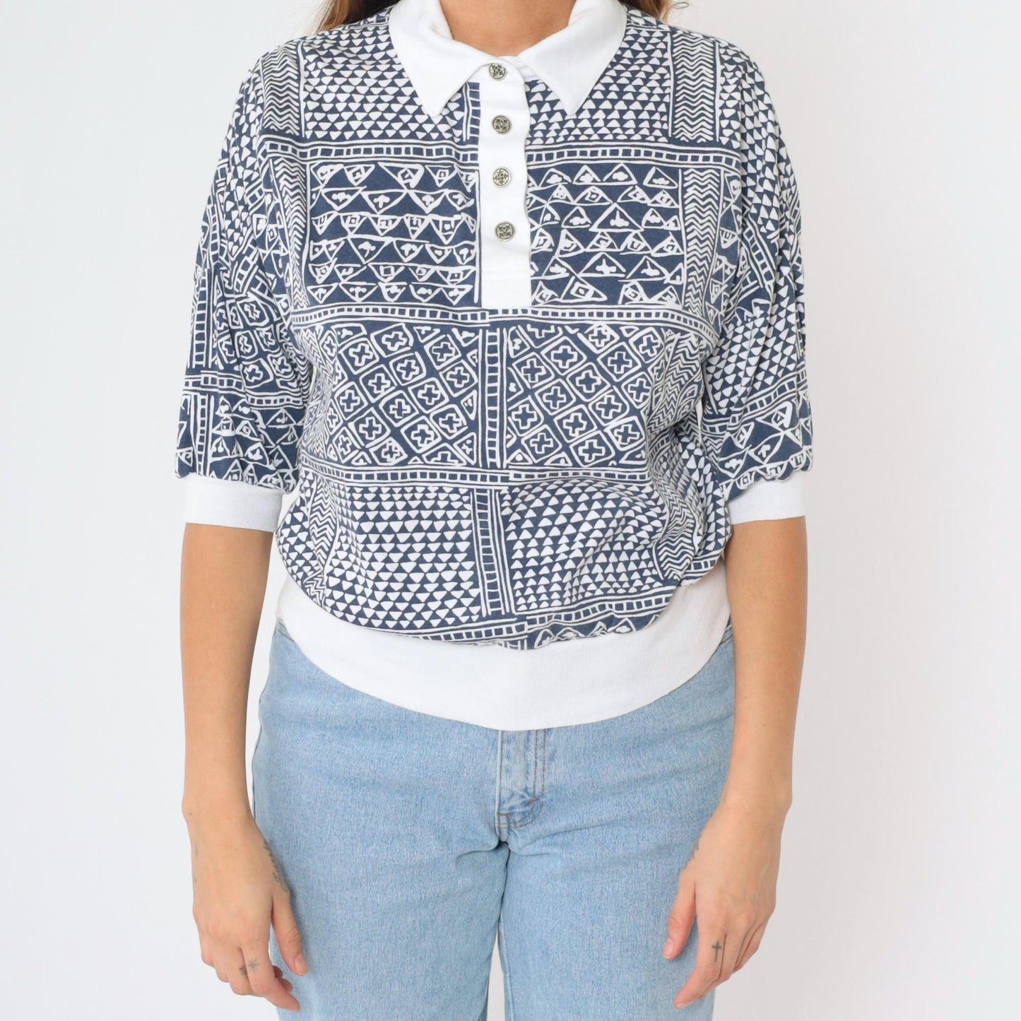 90s Drapers & Damons Geometric Patchwork Polo Shirt Navy White Dolman Medium