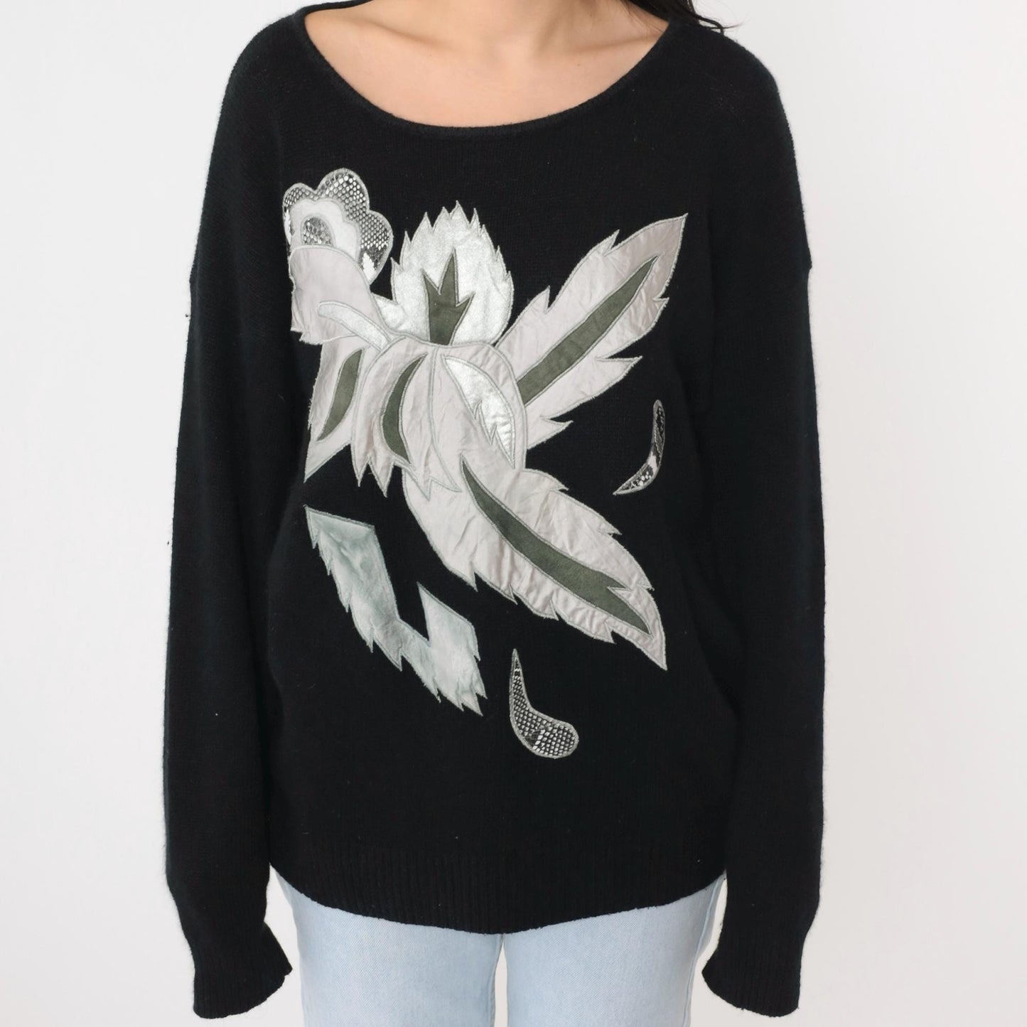 80s Karominz II Silk Angora Sweater Metallic Leaf Print Black Medium