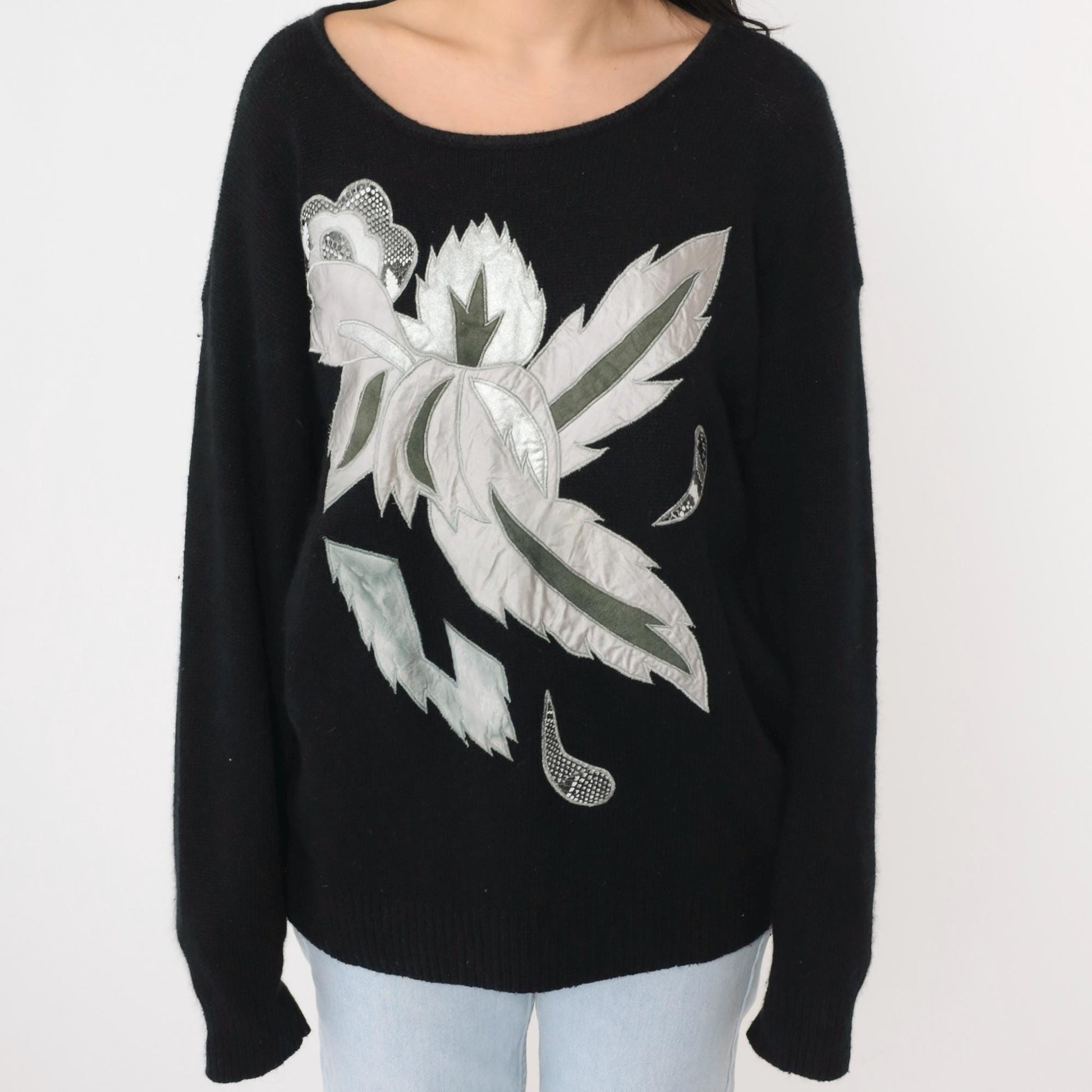 80s Karominz II Silk Angora Sweater Metallic Leaf Print Black Medium