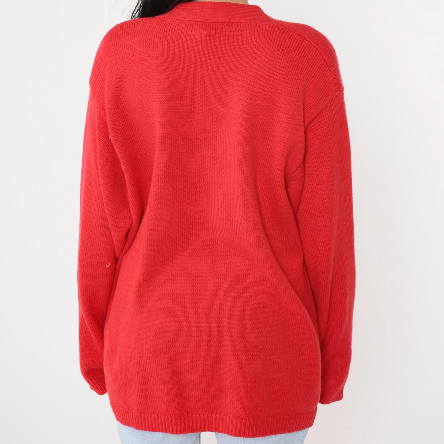 80s Karen Scott Wool Cardigan Red Gold Button Knit Sweater Large L