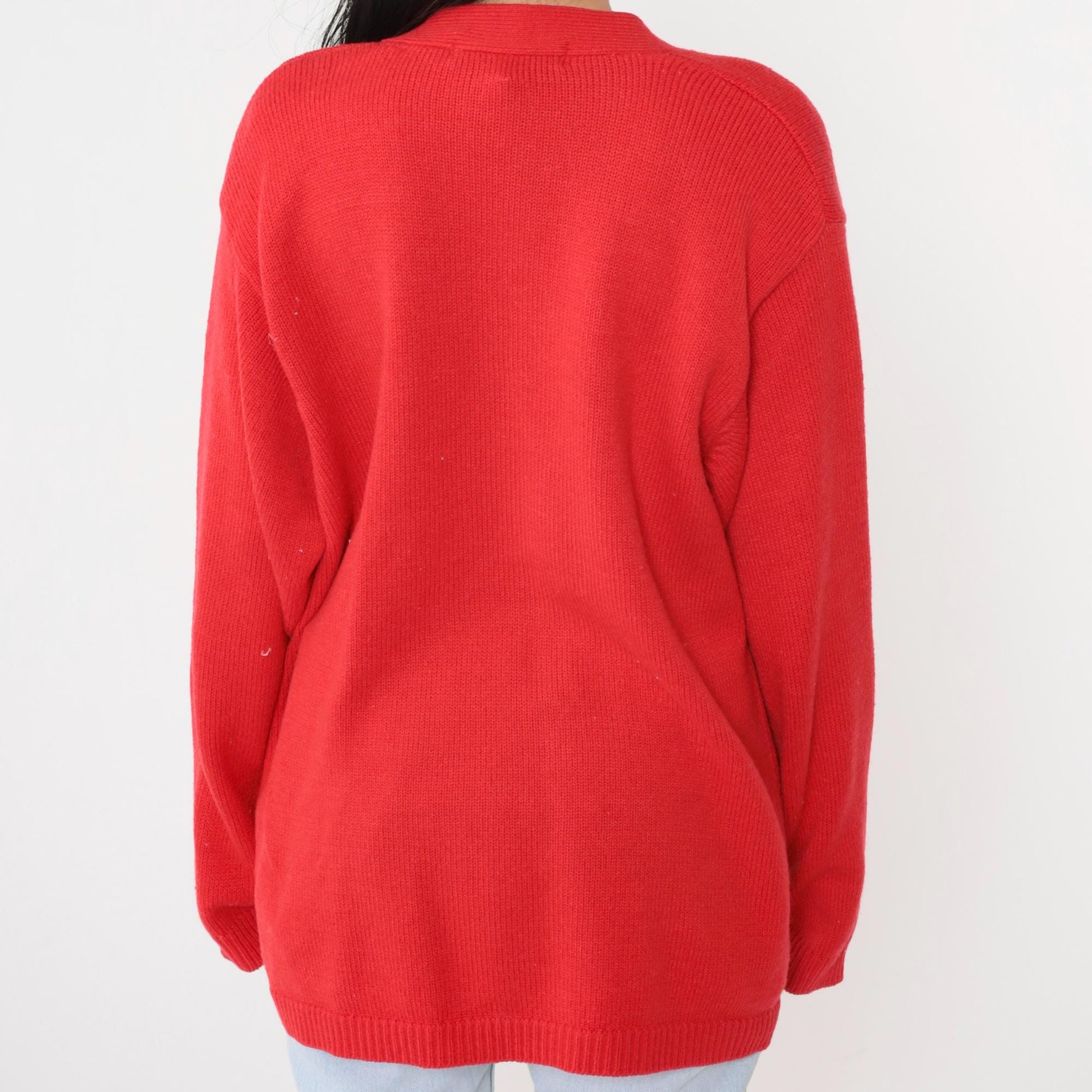 80s Karen Scott Wool Cardigan Red Gold Button Knit Sweater Large L