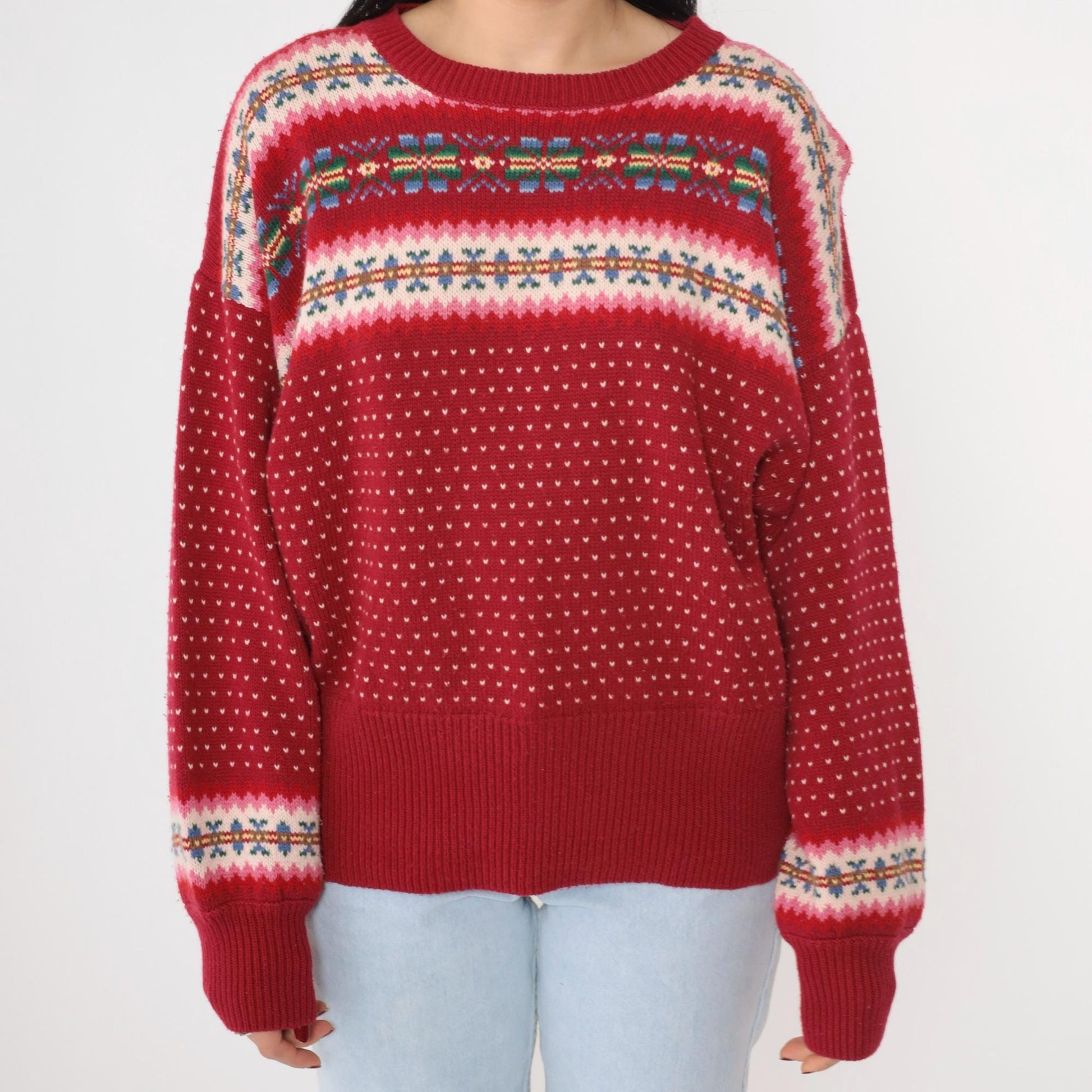 90s Susan Bristol Fair Isle Sweater Striped Snowflake Knit Medium