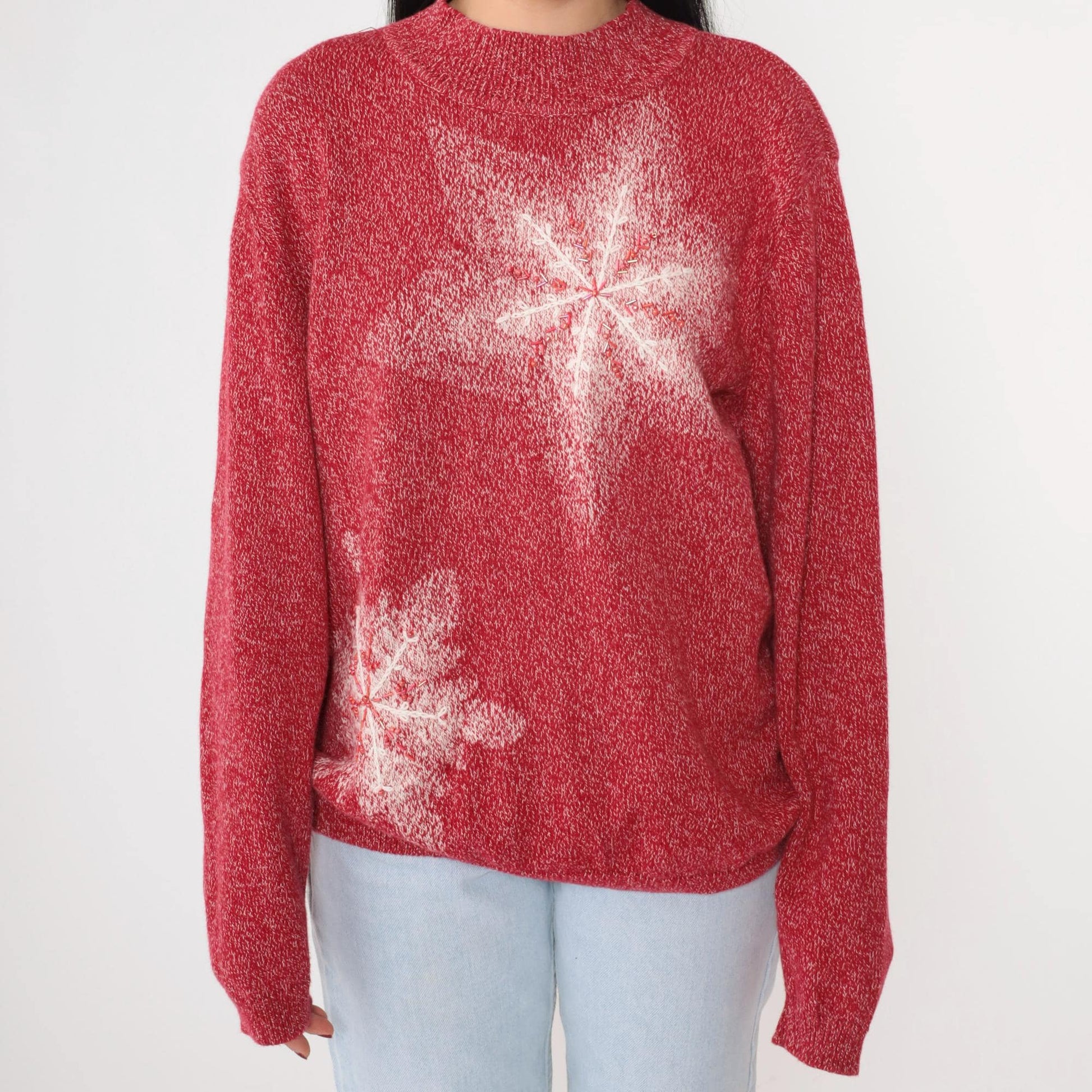 90s Red Beaded Snowflake Mock Neck Knit Sweater Pullover Large