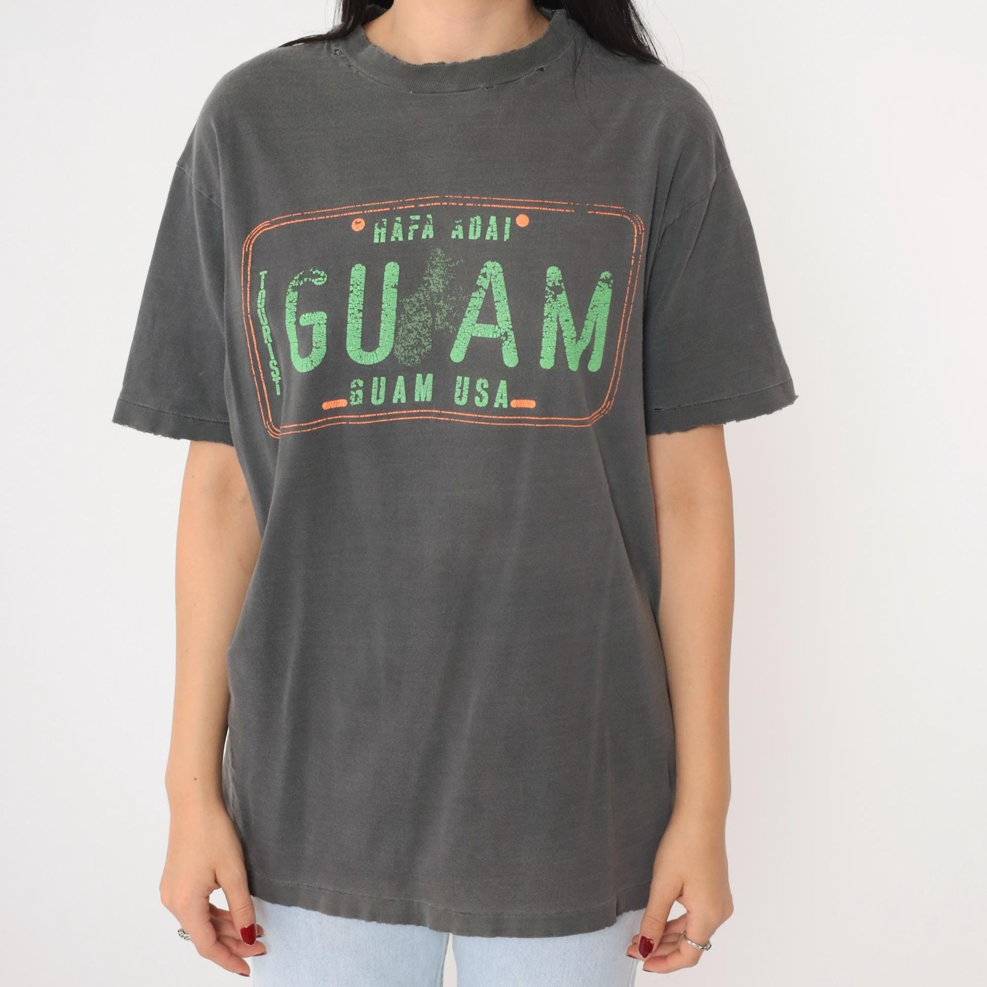 90s Guam Hafa Adai Graphic T-Shirt Distressed Charcoal Grey Medium
