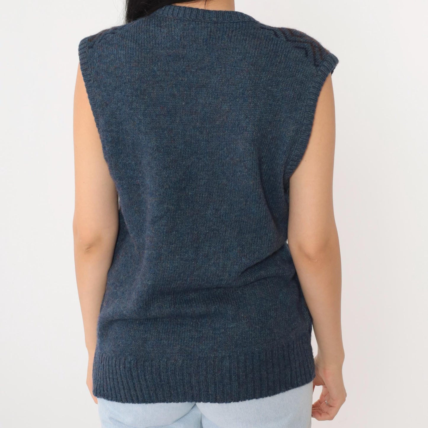 80s Robert Bruce Wool Blend Sweater Vest Zig Zag Stripe Blue V-Neck Medium