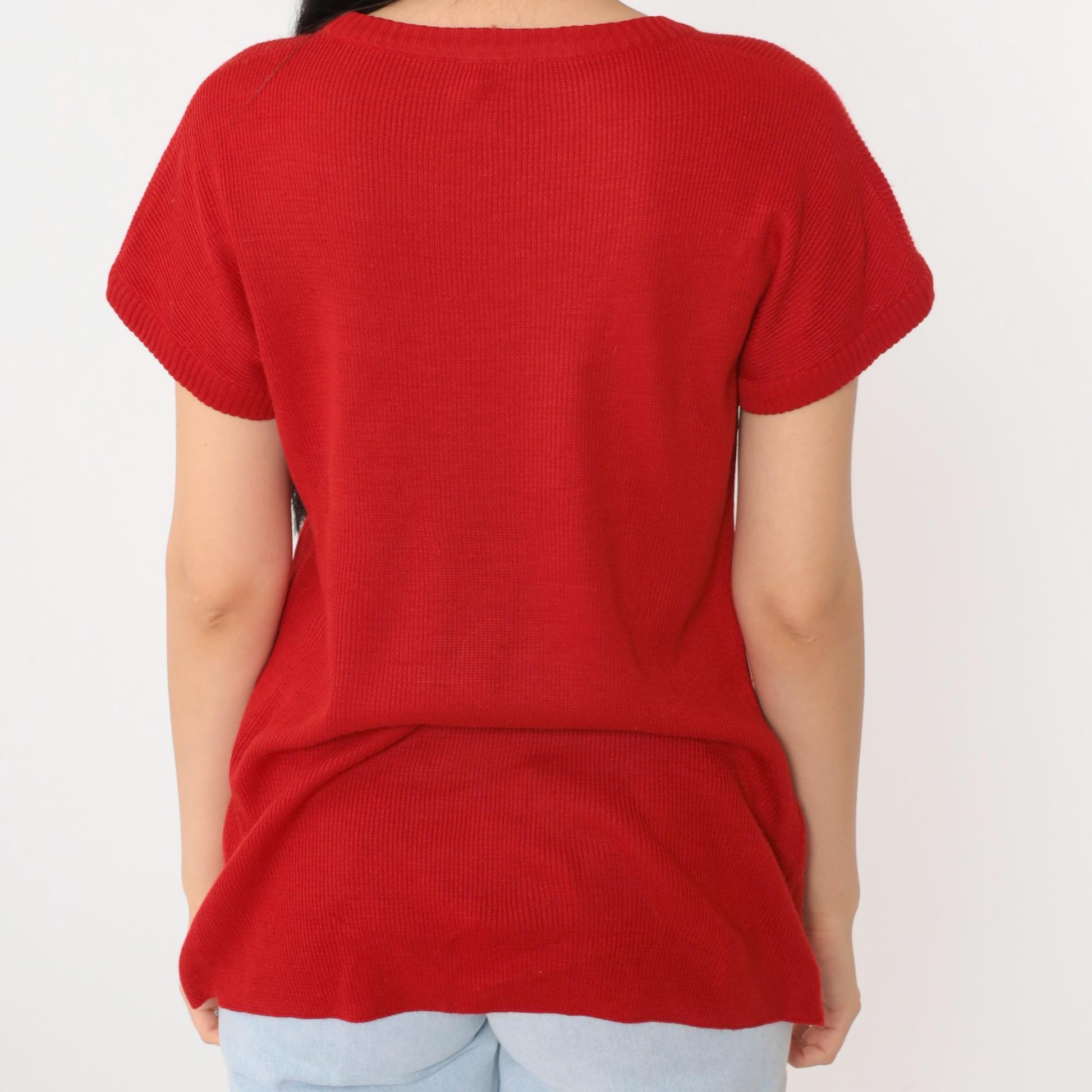 80s Red Ribbed Knit Scoop Neck Longline Top Short Sleeve Small