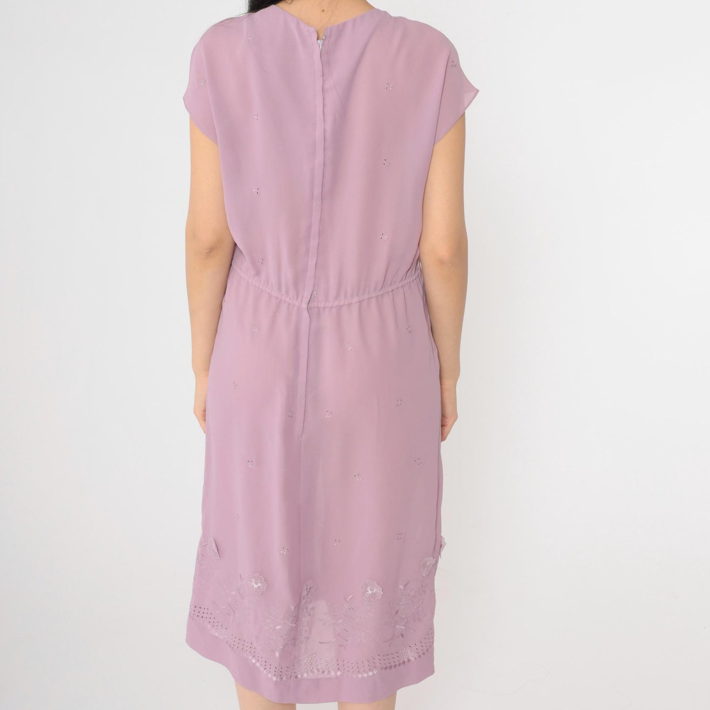 70s Lavender Floral Embroidered Wrap Dress Midi V-Neck Cap Sleeve Medium