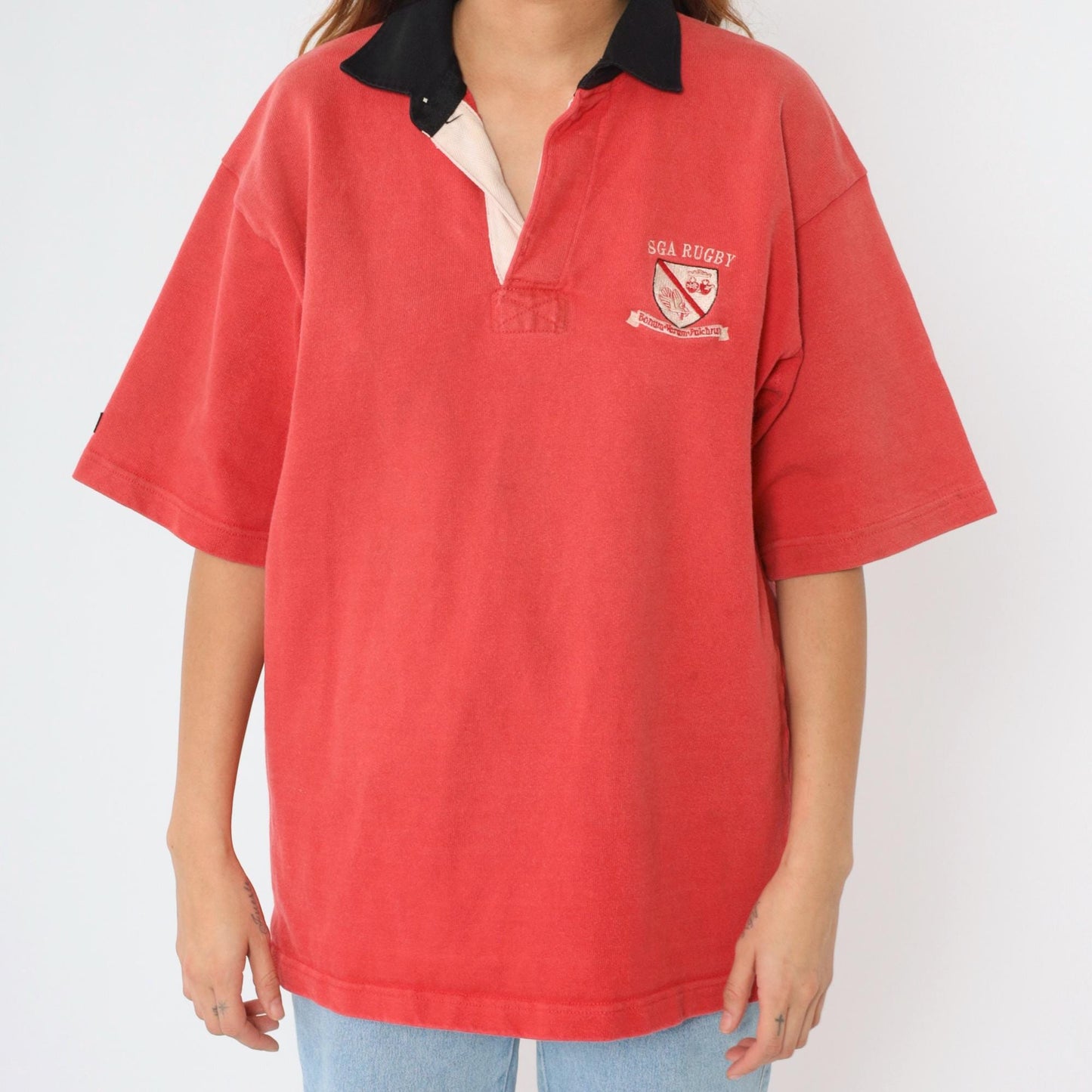 Y2K Barbarian Rugby Shirt SGA Crest Red Cotton Polo Large L
