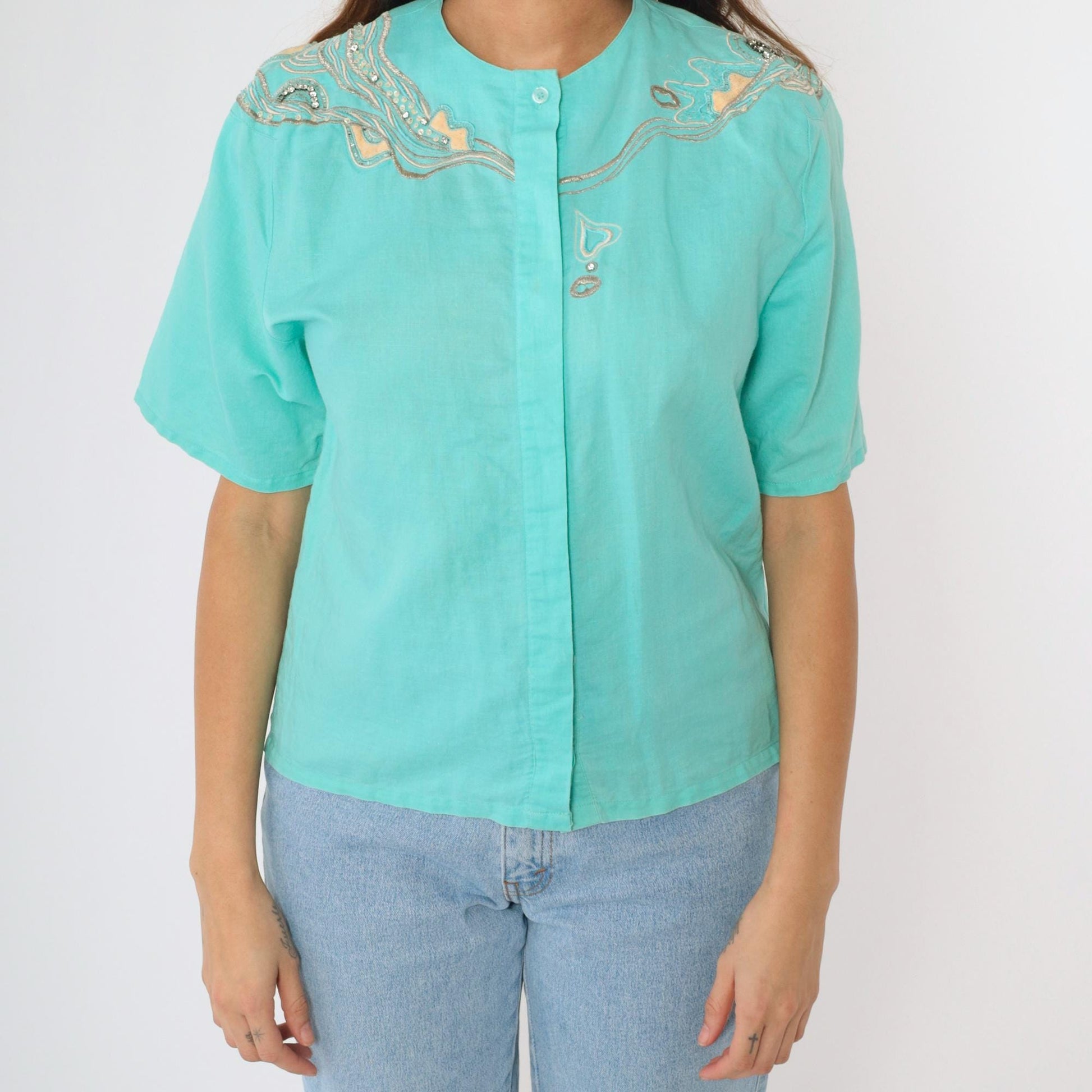 90s Aqua Sequin Rhinestone Embroidered Button Up Blouse Short Sleeve Medium M