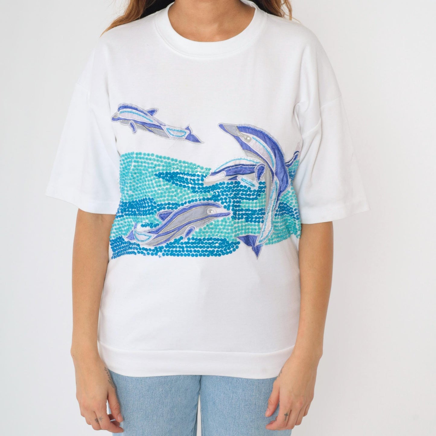 90s Sequin Dolphin Graphic T-Shirt Embroidered Rhinestone White Medium M
