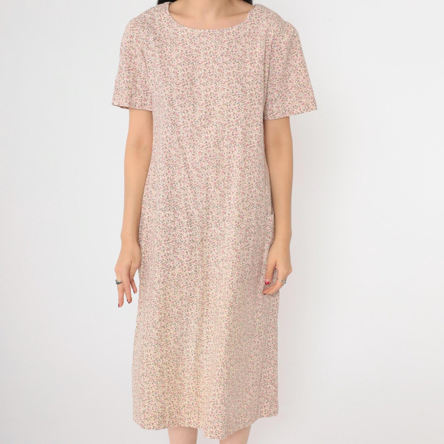 90s Floral Midi Shift Dress Off-White Pink Short Sleeve Pockets Medium