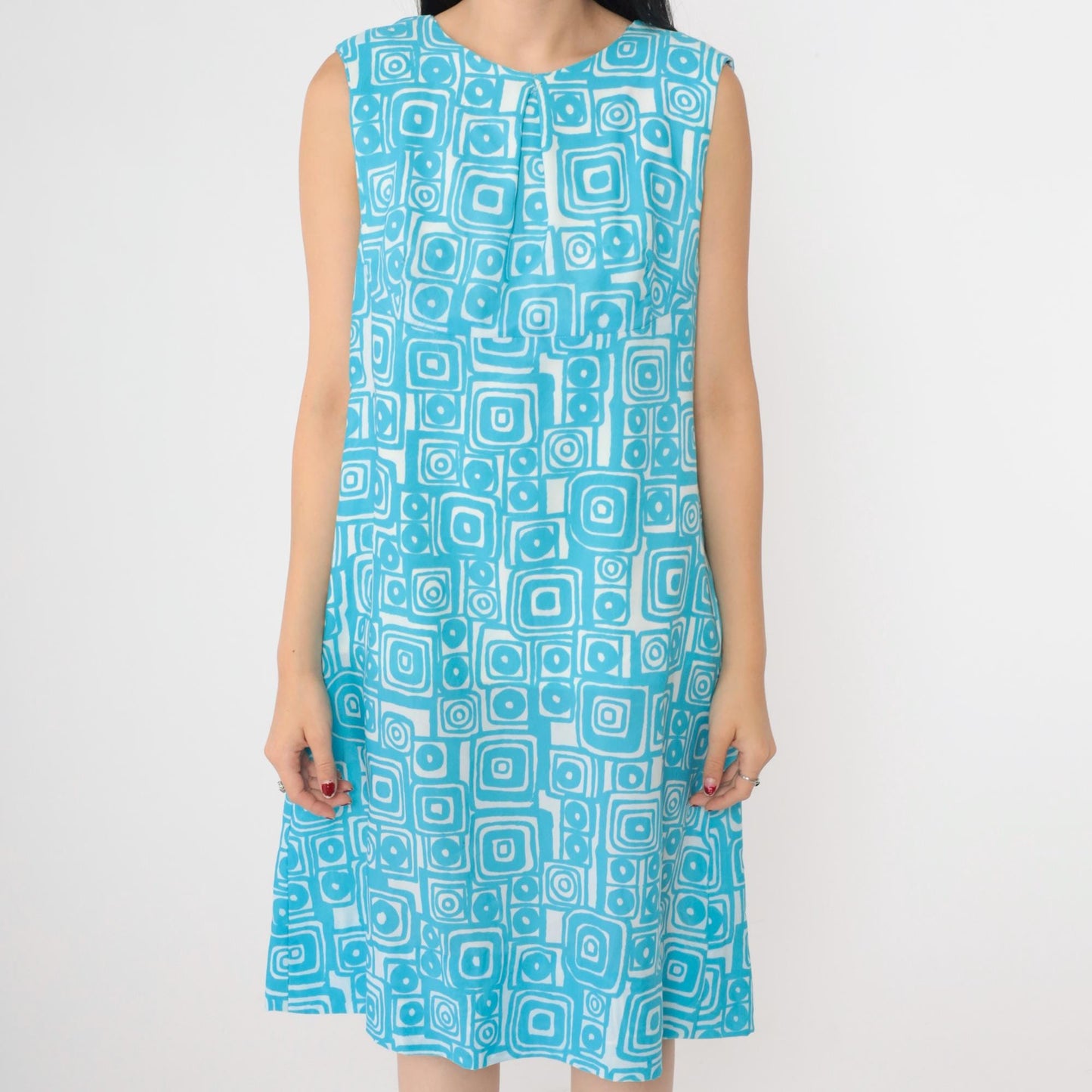 60s Mod Shift Dress Blue Geometric Print Sleeveless Knee-Length Large L
