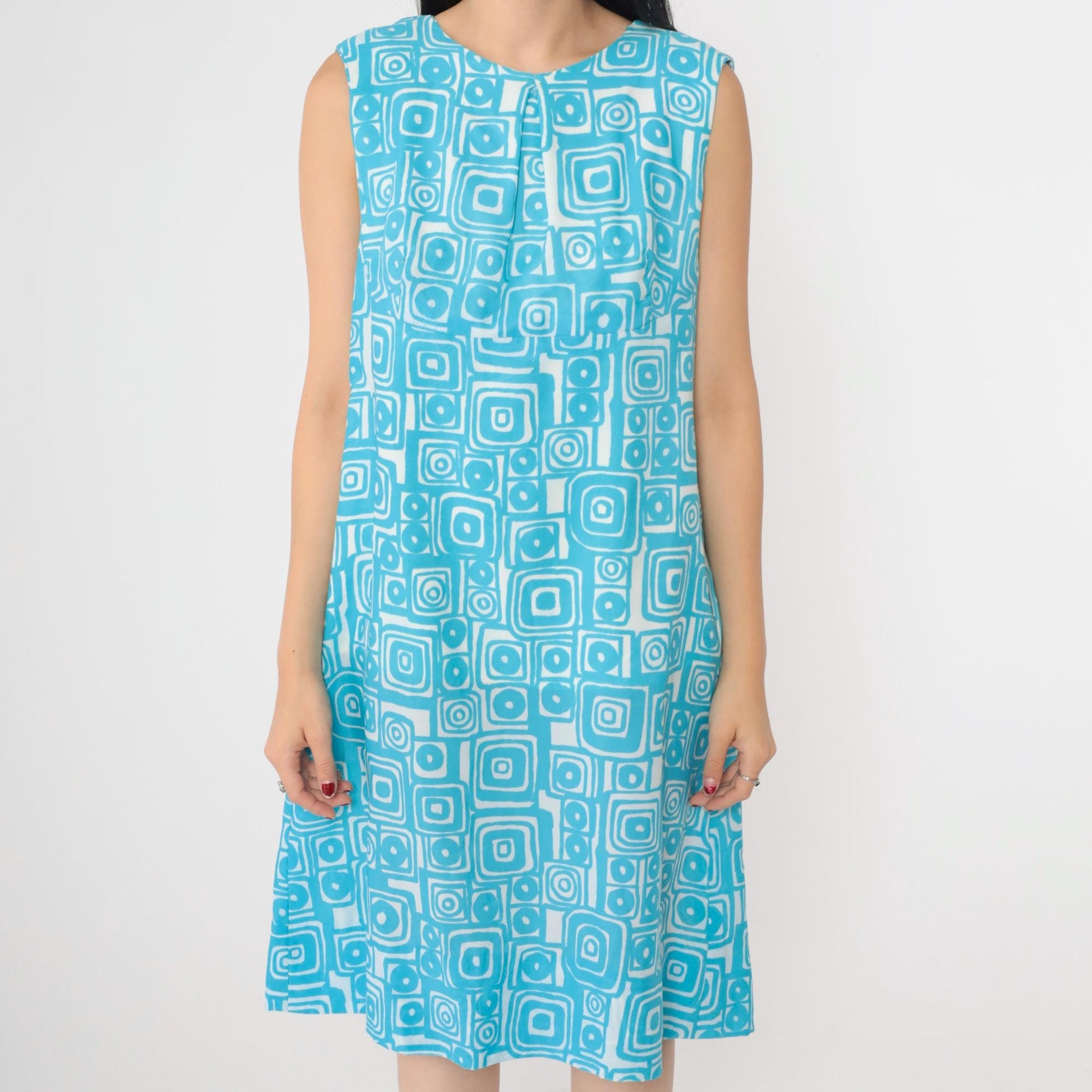 60s Mod Shift Dress Blue Geometric Print Sleeveless Knee-Length Large L