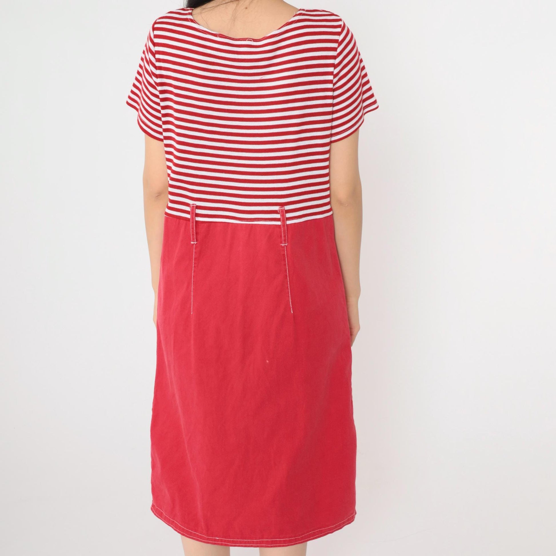 90s Red White Striped Button-Up Midi Dress High Waist Short Sleeve Medium