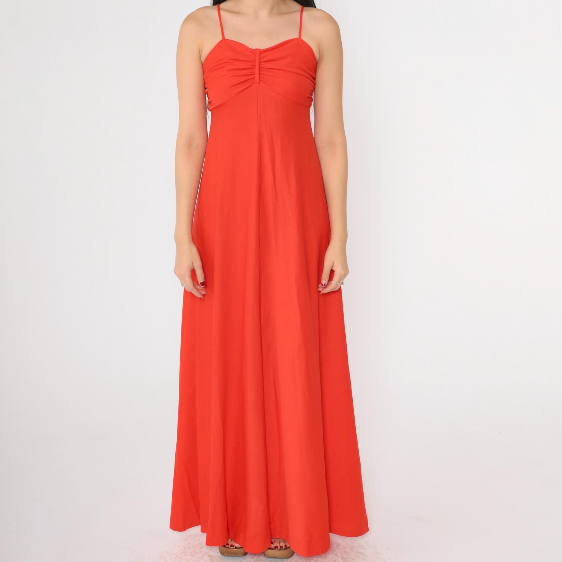 70s Red Maxi Dress Empire Waist Spaghetti Strap Grecian Extra Small
