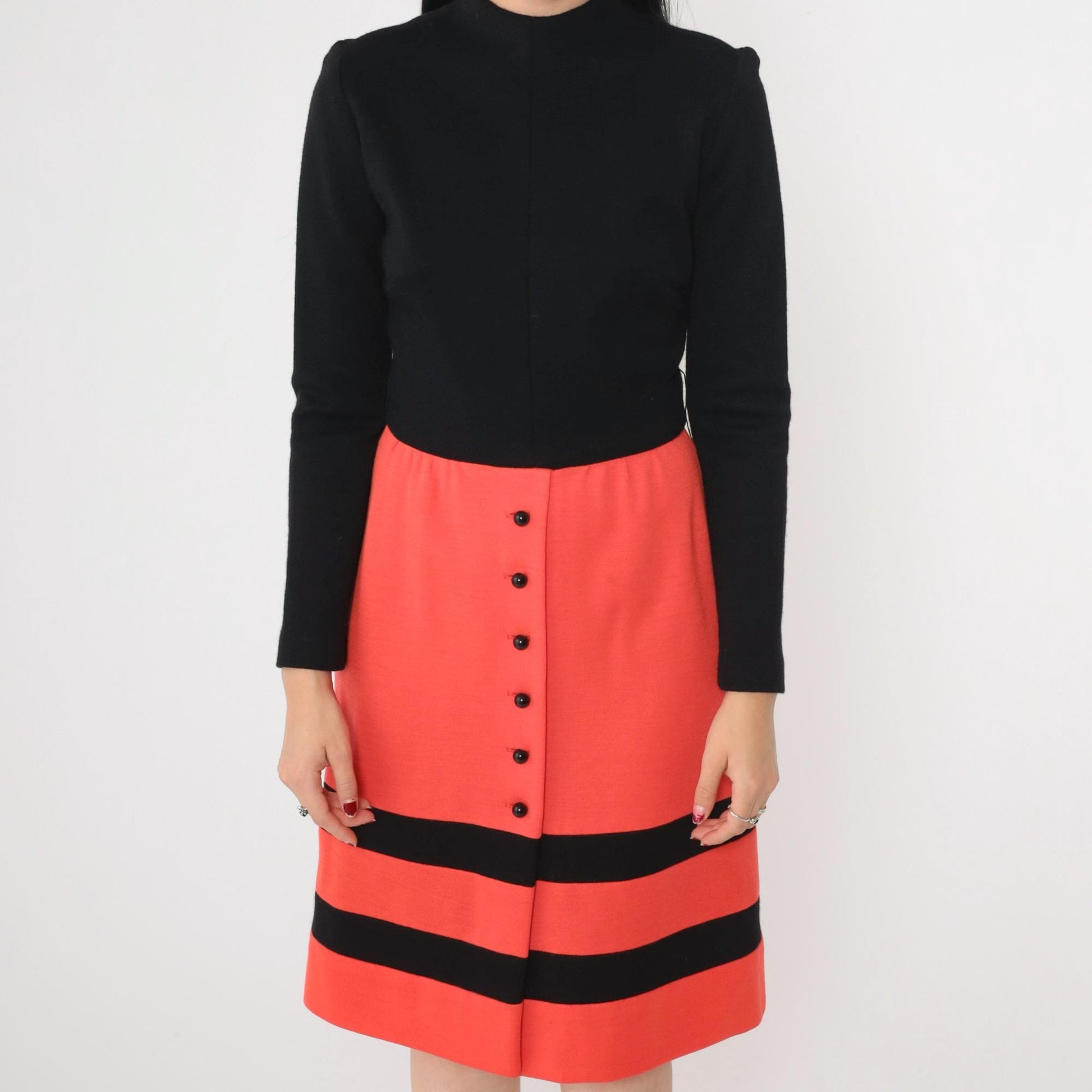 60s Wool Mock Neck Dress Black Orange Striped Knee-Length High Waist Small