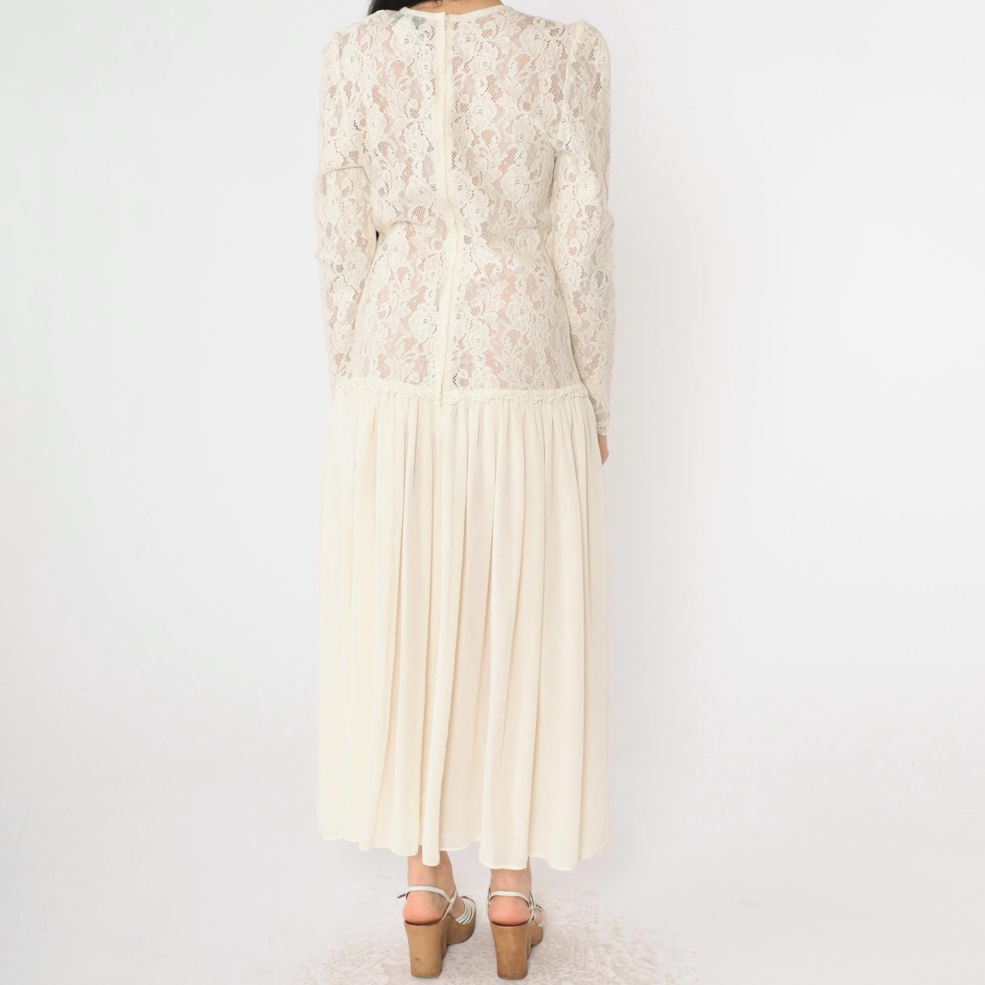 80s Ricki Lang Sheer Lace Maxi Dress Cream Puff Sleeve Drop Waist Medium