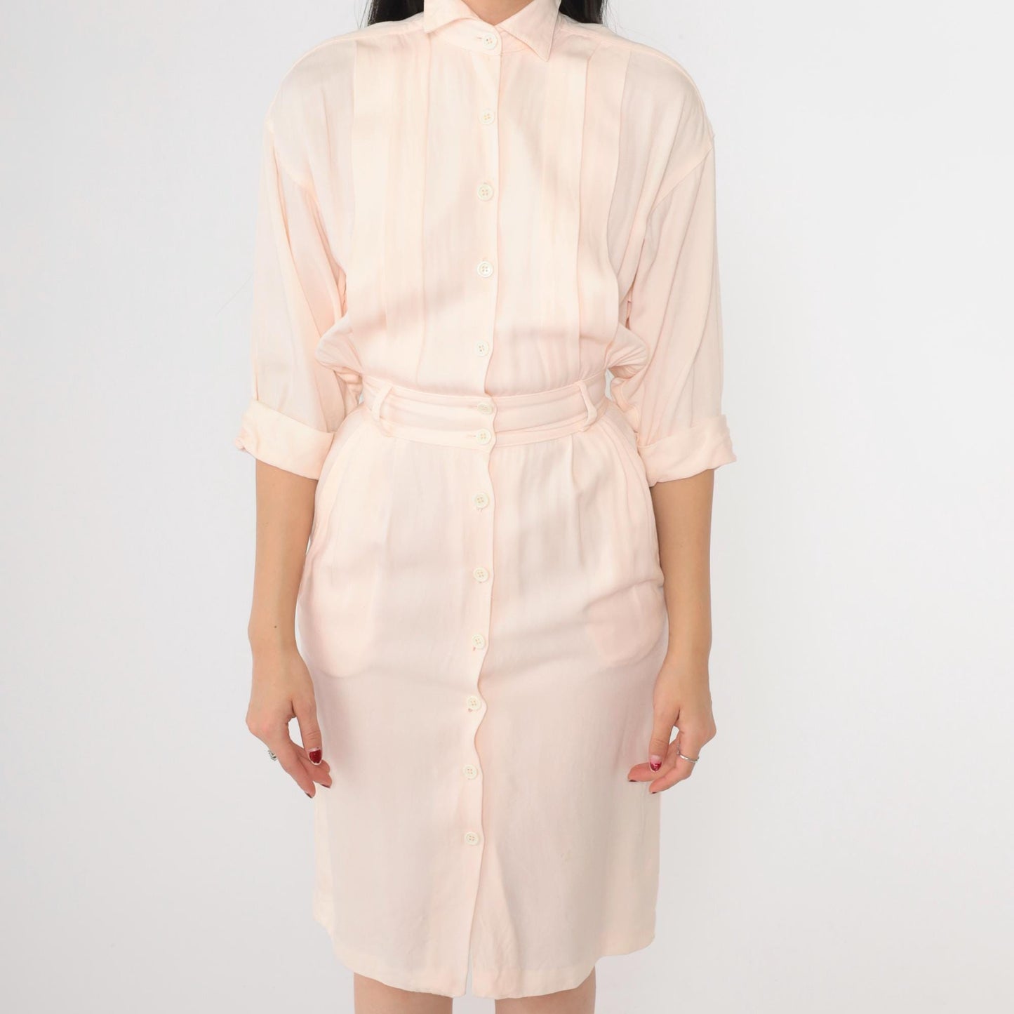80s Peach Pink Button-Up Midi Dress Cuffed 3/4 Sleeve Pencil Cut XXS