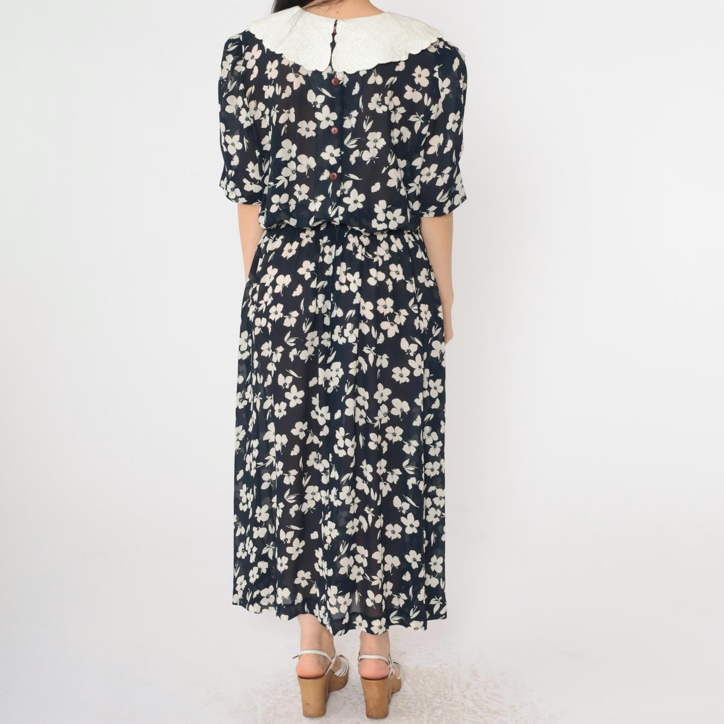80s Karin Stevens Navy Floral Maxi Dress Pleated High Waist Puritan Collar Medium