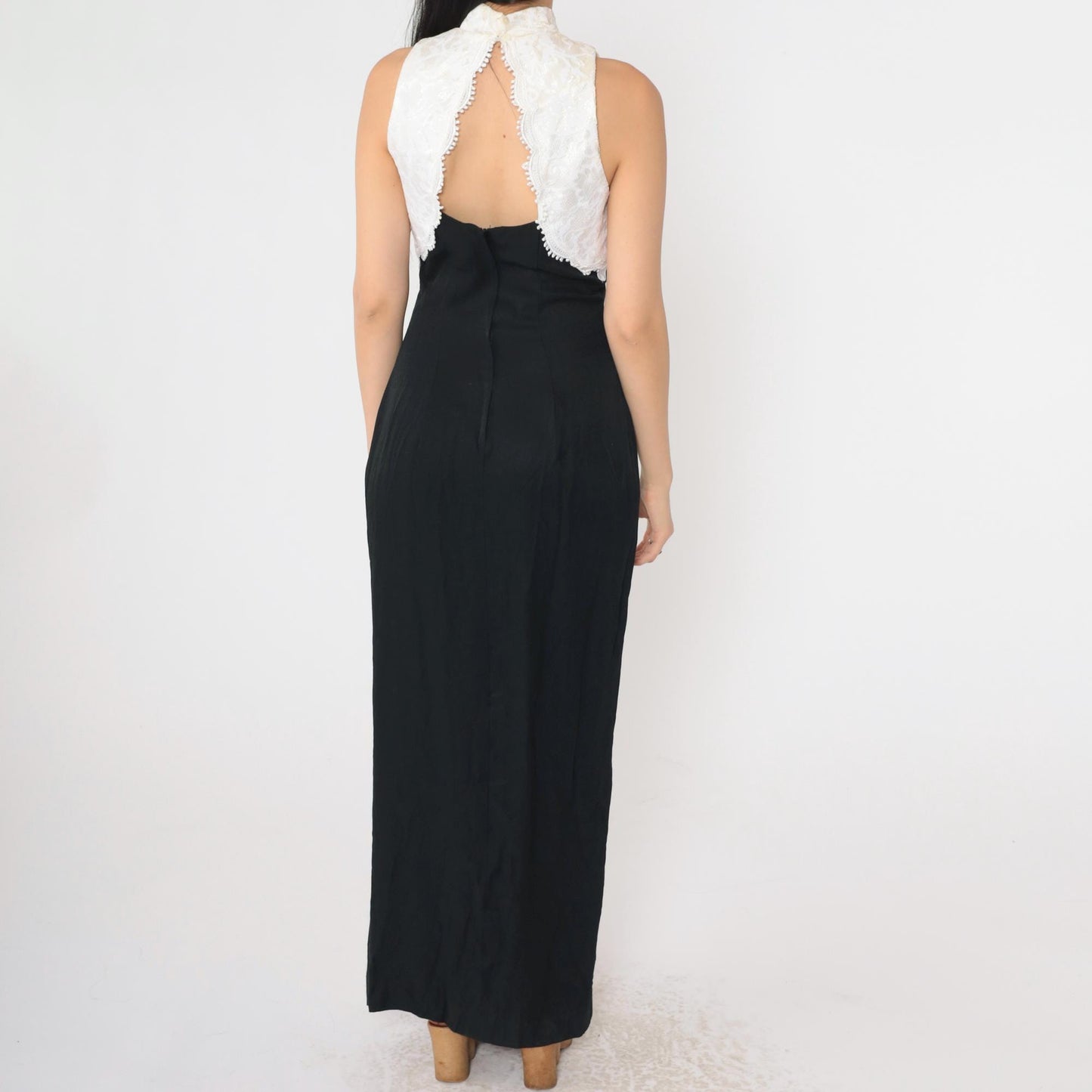 Jessica McClintock 80s Black White Lace Maxi Evening Dress Cutout Small