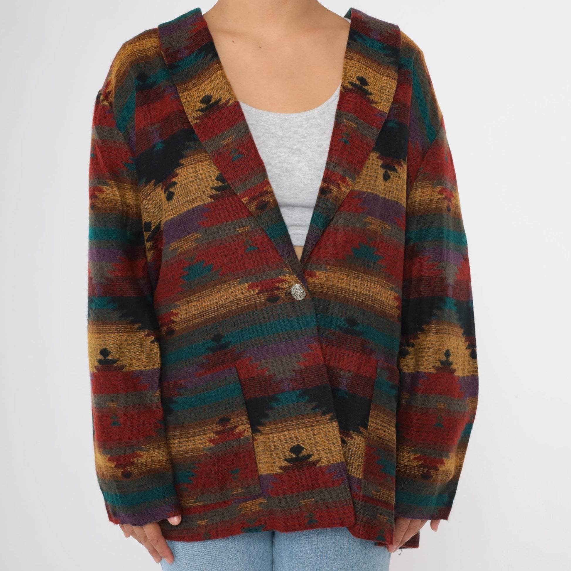 90s Southwestern Striped Blazer Red Yellow Blue Button Up Jacket Plus Size XXL