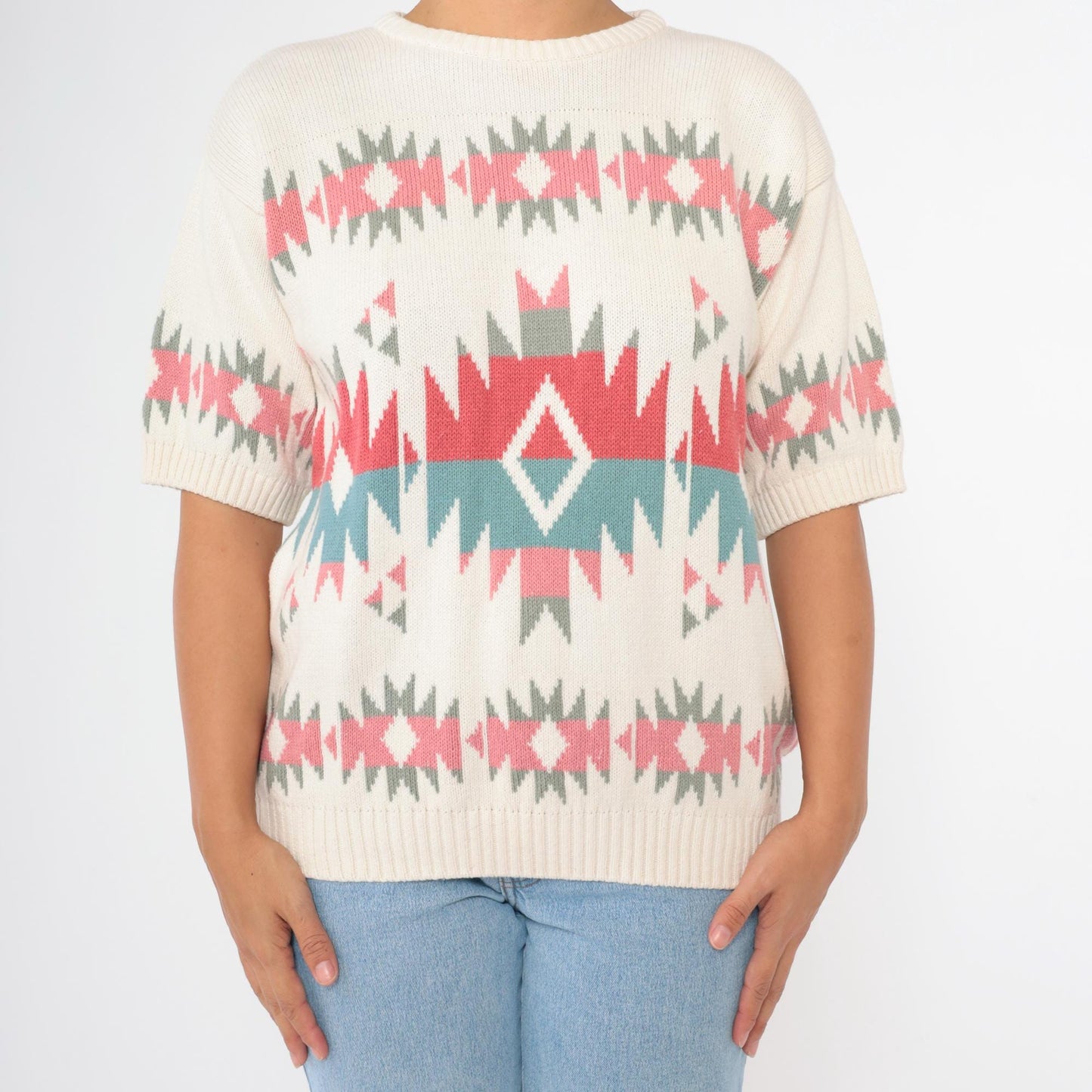 80s United Knitwear Southwestern Geometric Knit Top Off-White Coral Pink Blue Medium