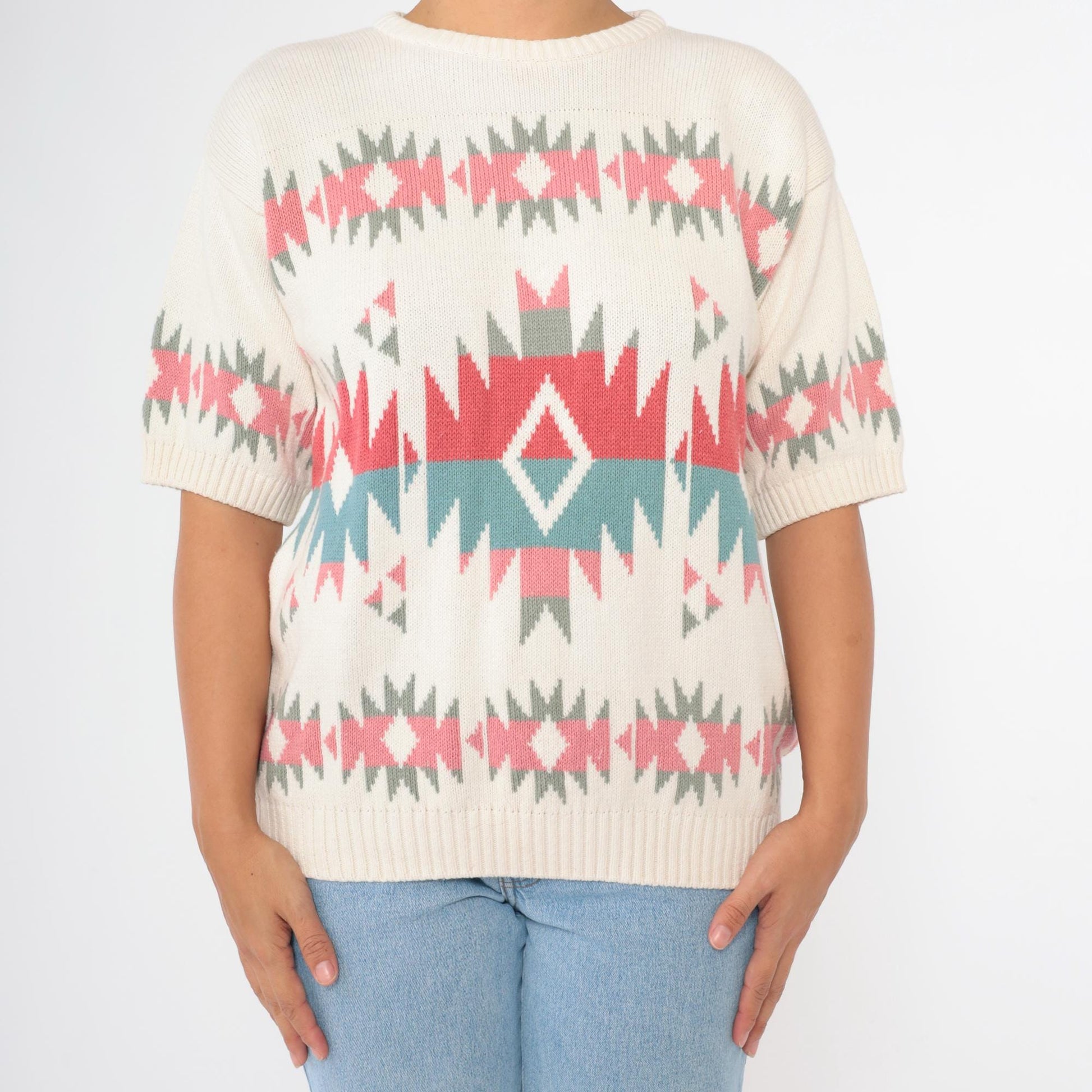 80s United Knitwear Southwestern Geometric Knit Top Off-White Coral Pink Blue Medium