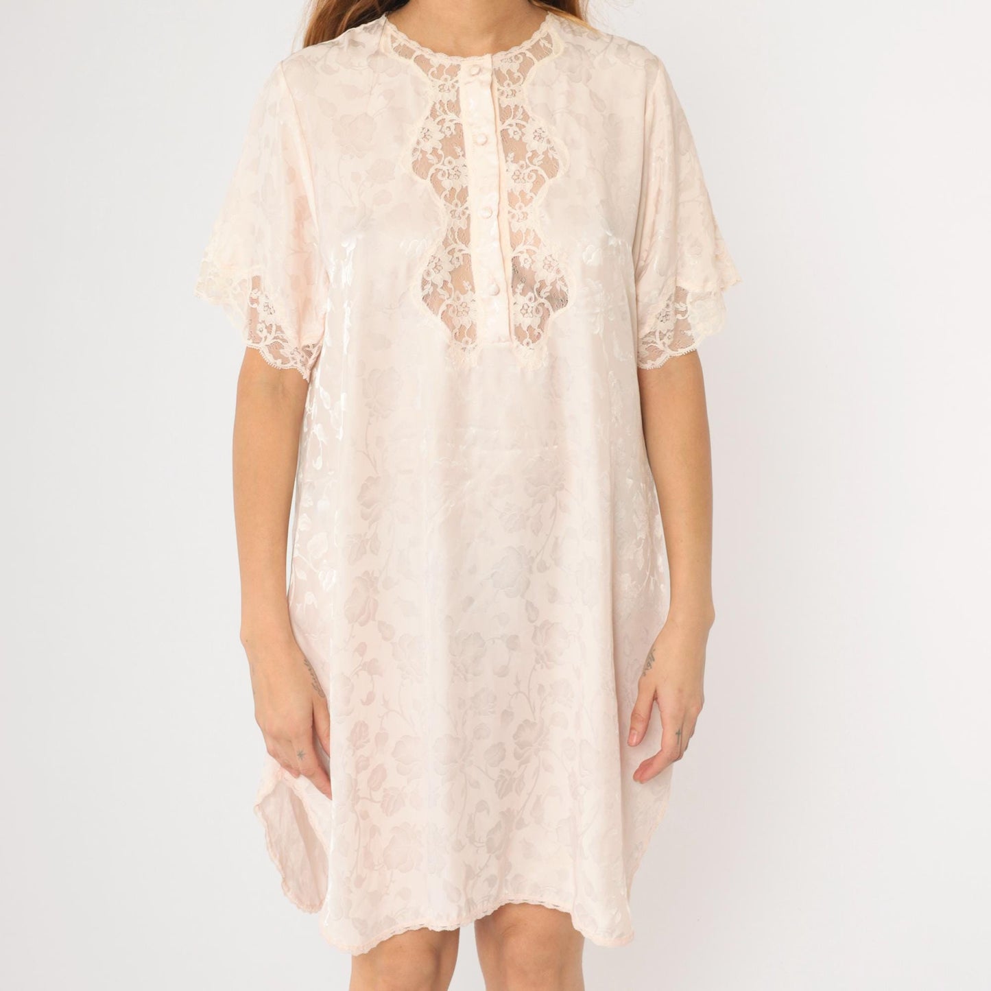 90s Barbizon Baby Pink Floral Embossed Nightgown Lace Trim Mini Large L