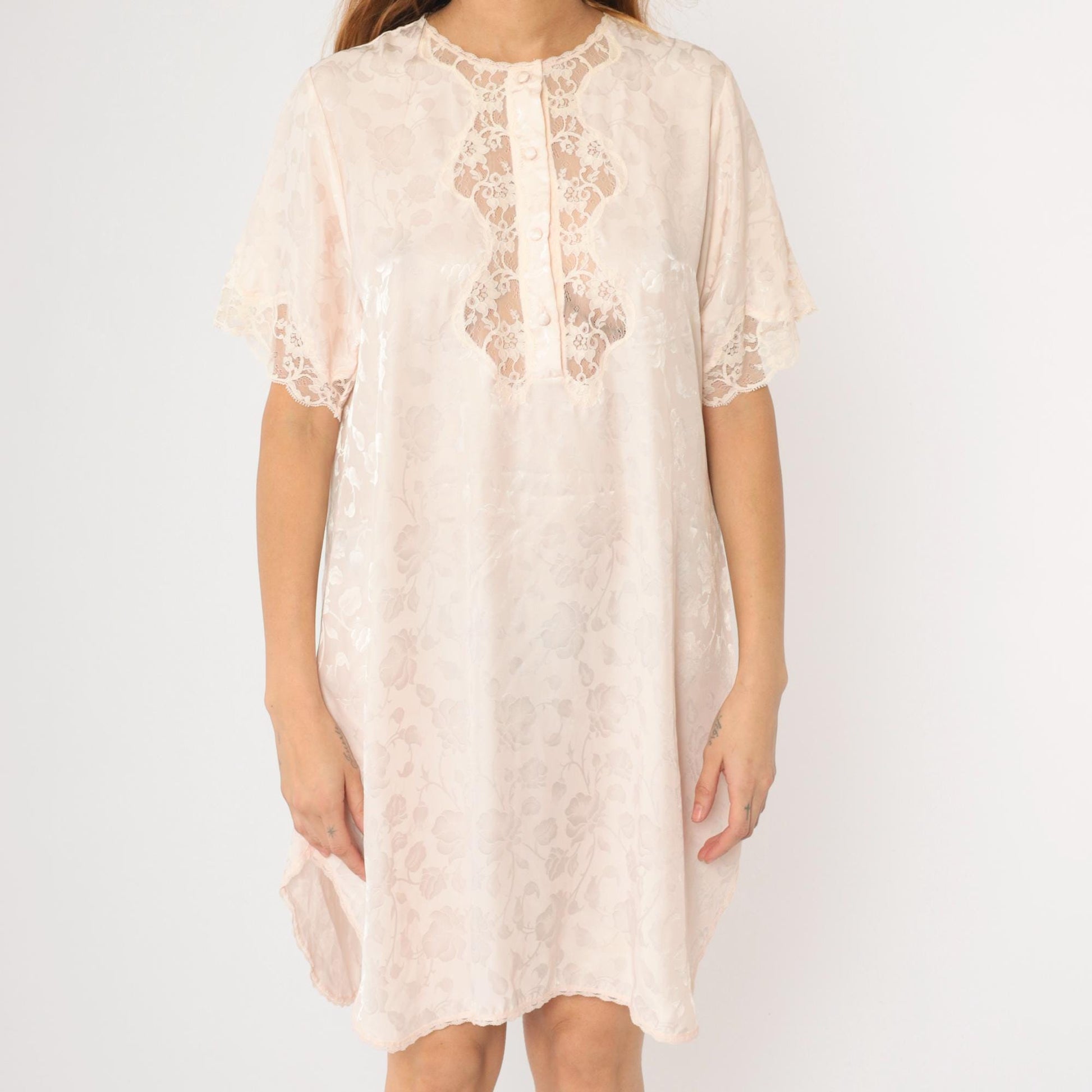 90s Barbizon Baby Pink Floral Embossed Nightgown Lace Trim Mini Large L