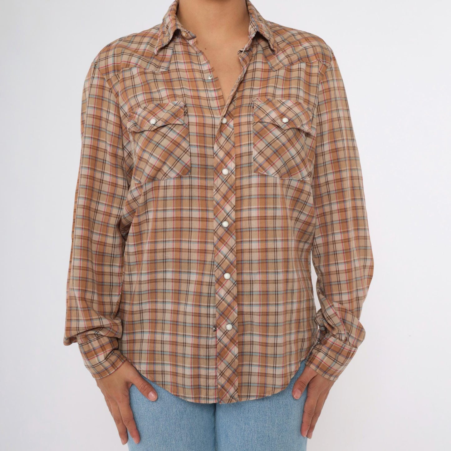 80s Dakota Western Pearl Snap Shirt Burnt Orange Tan Plaid Large