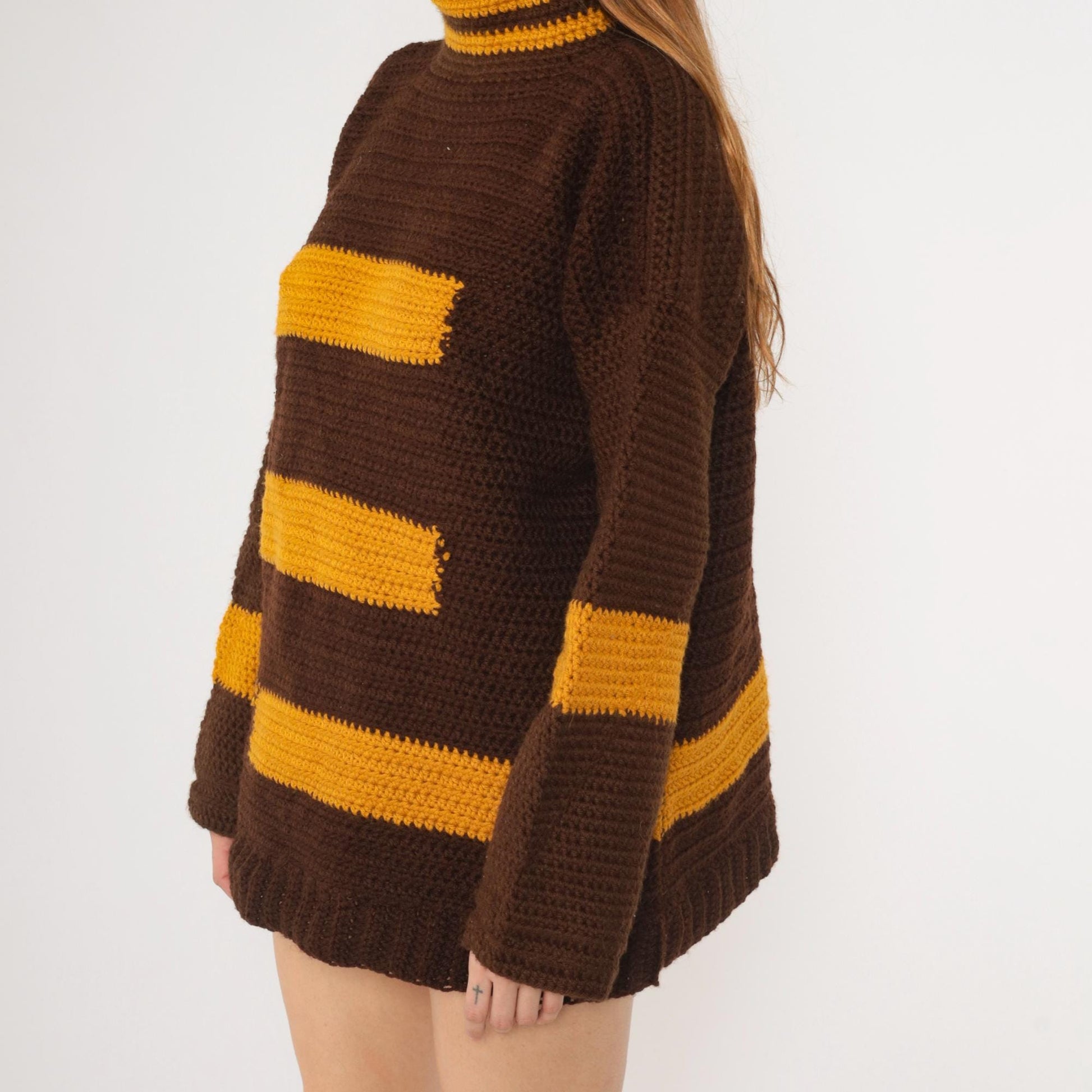 70s Striped Crochet Sweater Brown Mustard Mock Neck Pullover Extra Large