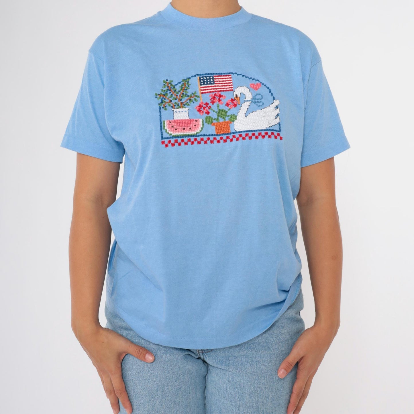 80s Screen Stars Embroidered Graphic Tee Swan Flag Watermelon Blue Medium