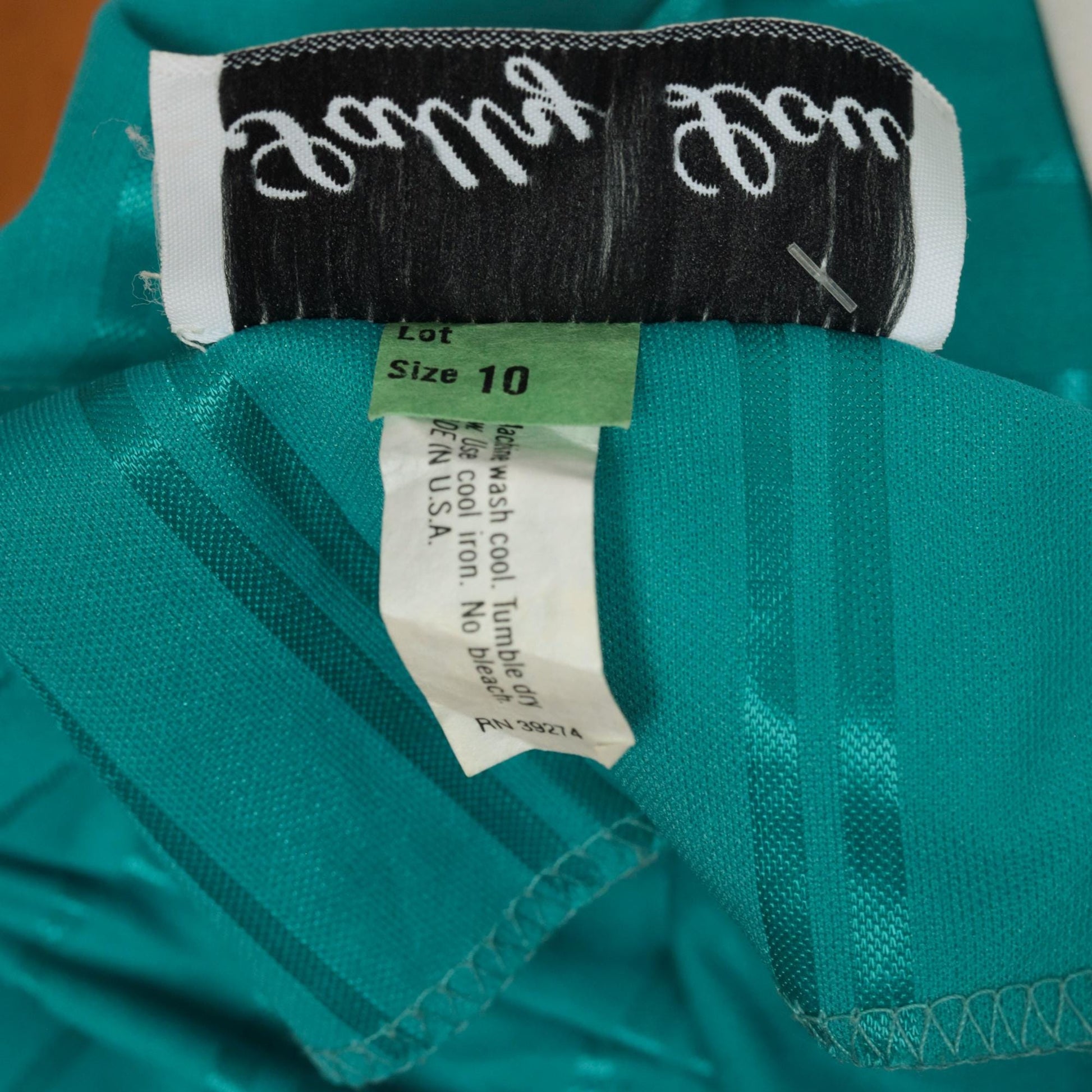80s Sally Lou Teal Green Striped Peplum Midi Dress Puff Sleeve Small