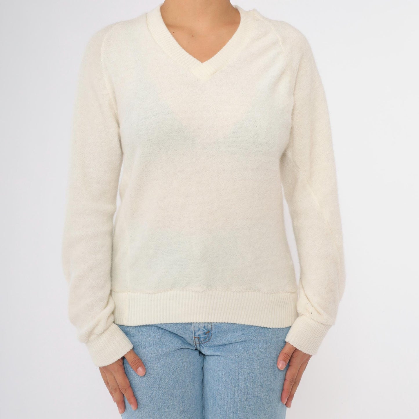 80s Terry Cloth V-Neck Sweatshirt Cream Raglan Sleeve Small
