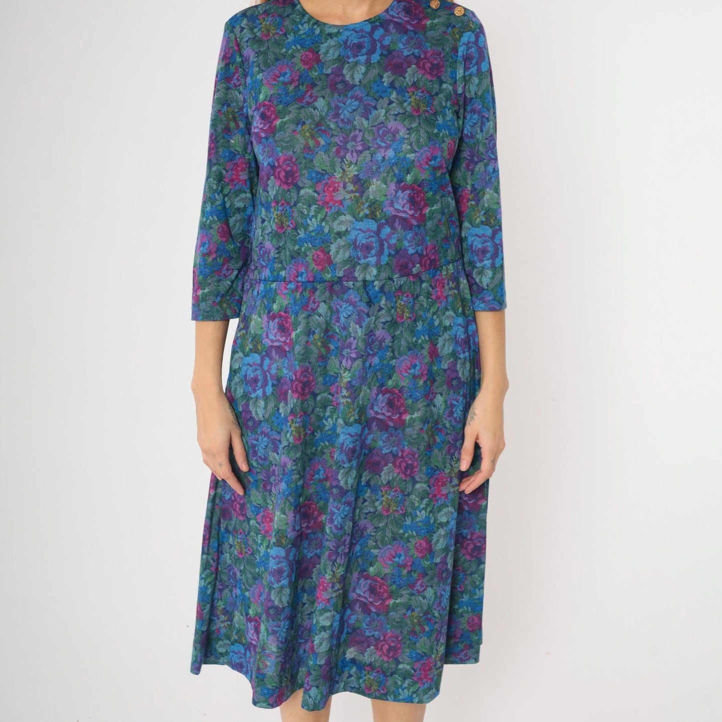 80s Floral Rose Print Midi Dress Long Sleeve Low Waist Blue Purple Green Medium