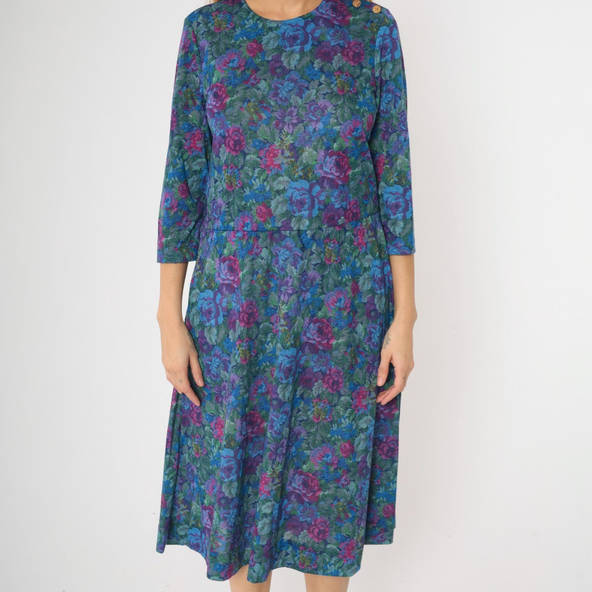 80s Floral Rose Print Midi Dress Long Sleeve Low Waist Blue Purple Green Medium