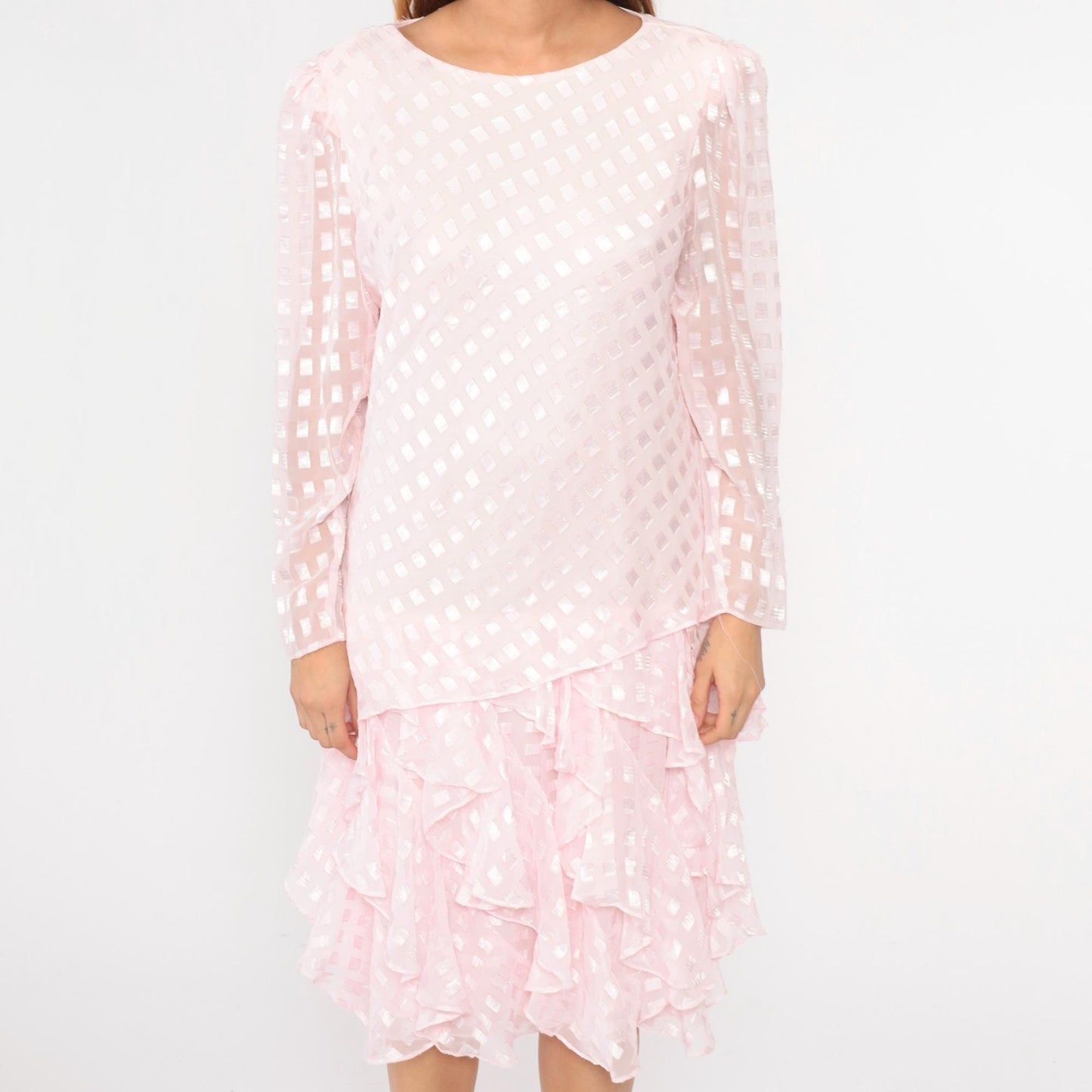 80s Patra Pink Midi Dress Drop Waist Puff Sleeve Ruffle Embossed Large L