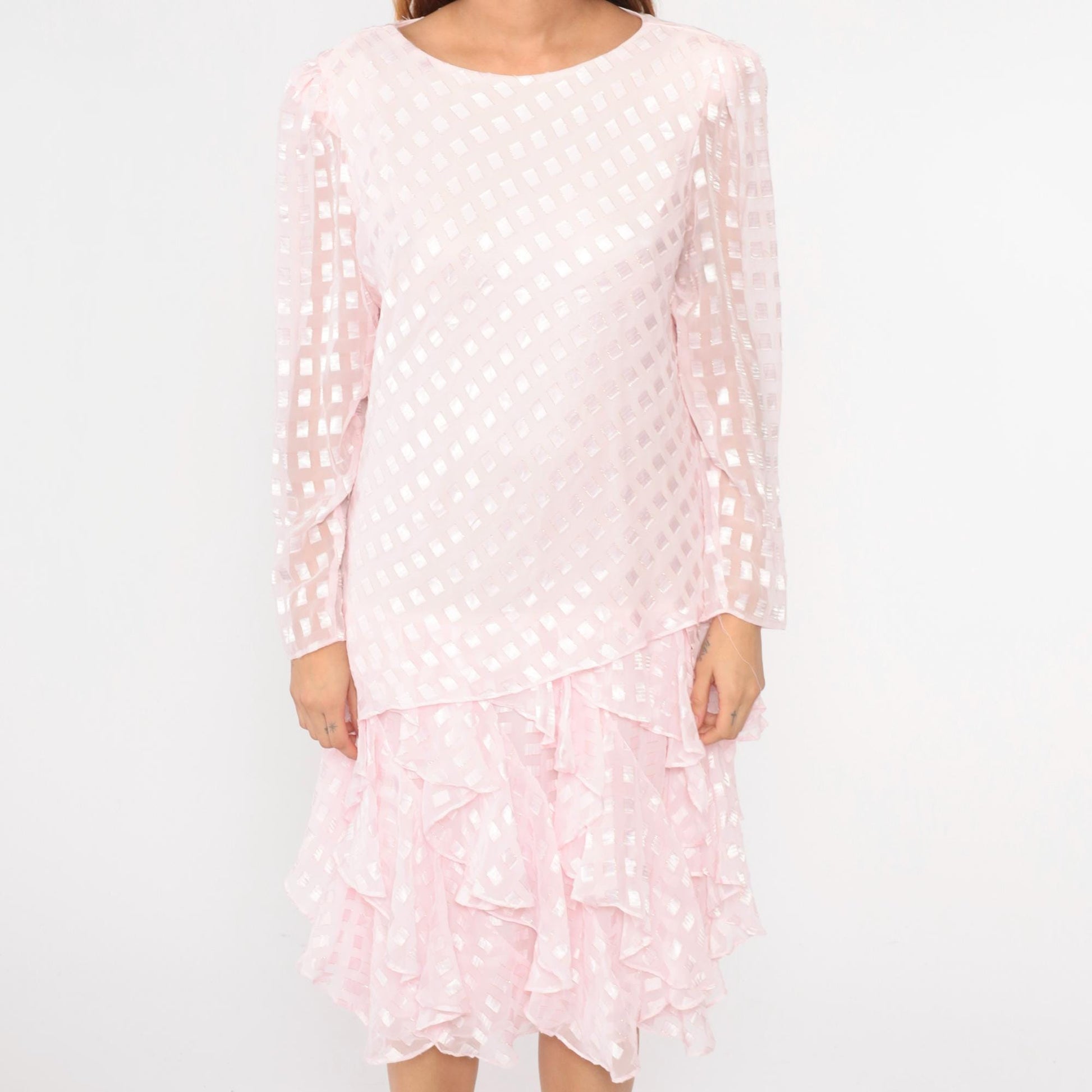 80s Patra Pink Midi Dress Drop Waist Puff Sleeve Ruffle Embossed Large L