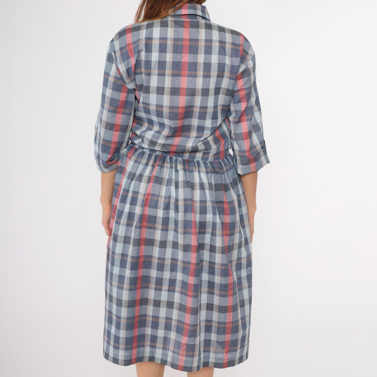80s Paul Alfred Plaid Shirt Dress Blue Red Midi High Waist Medium