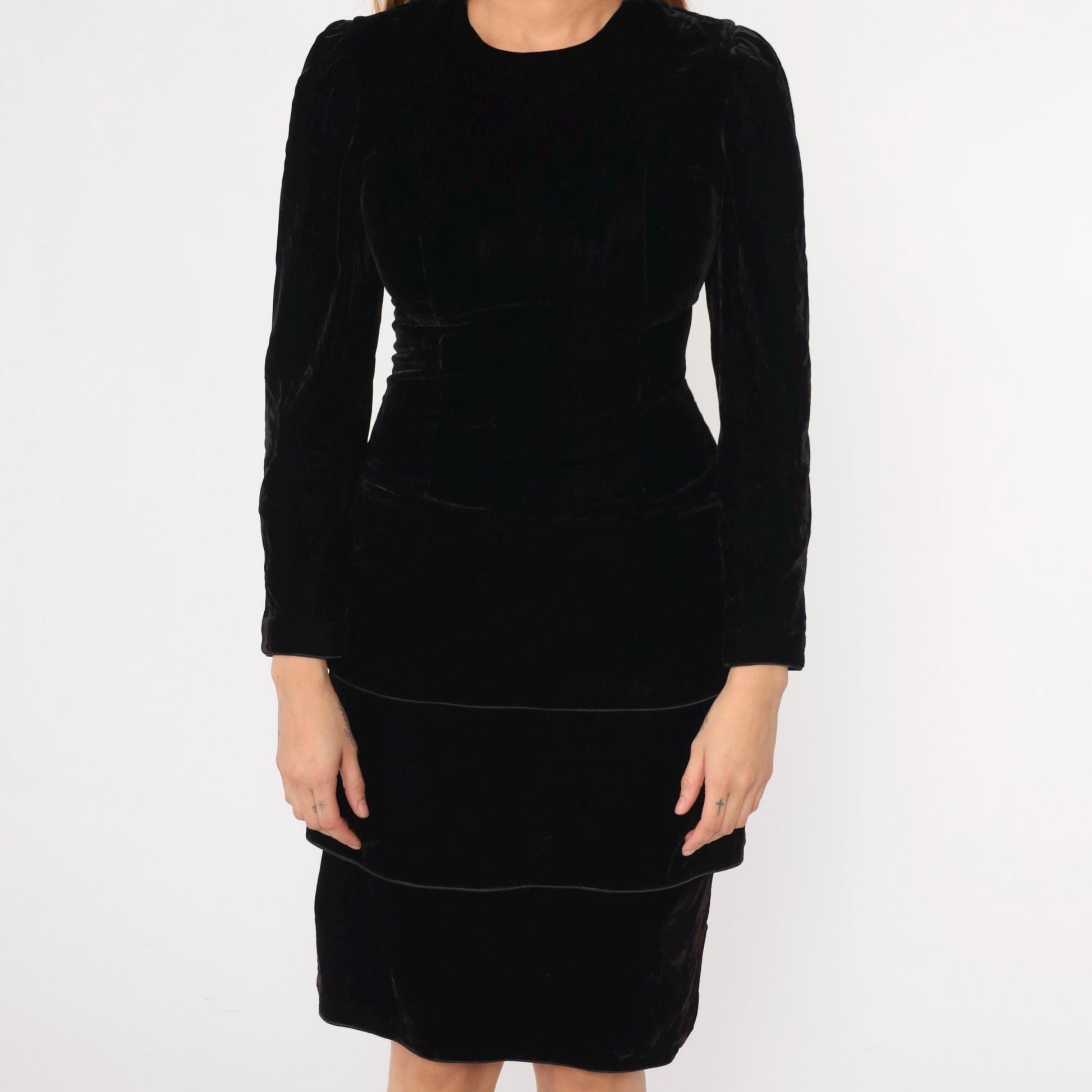 80s Maggy London Black Velvet Puff Sleeve Midi Dress Small 6