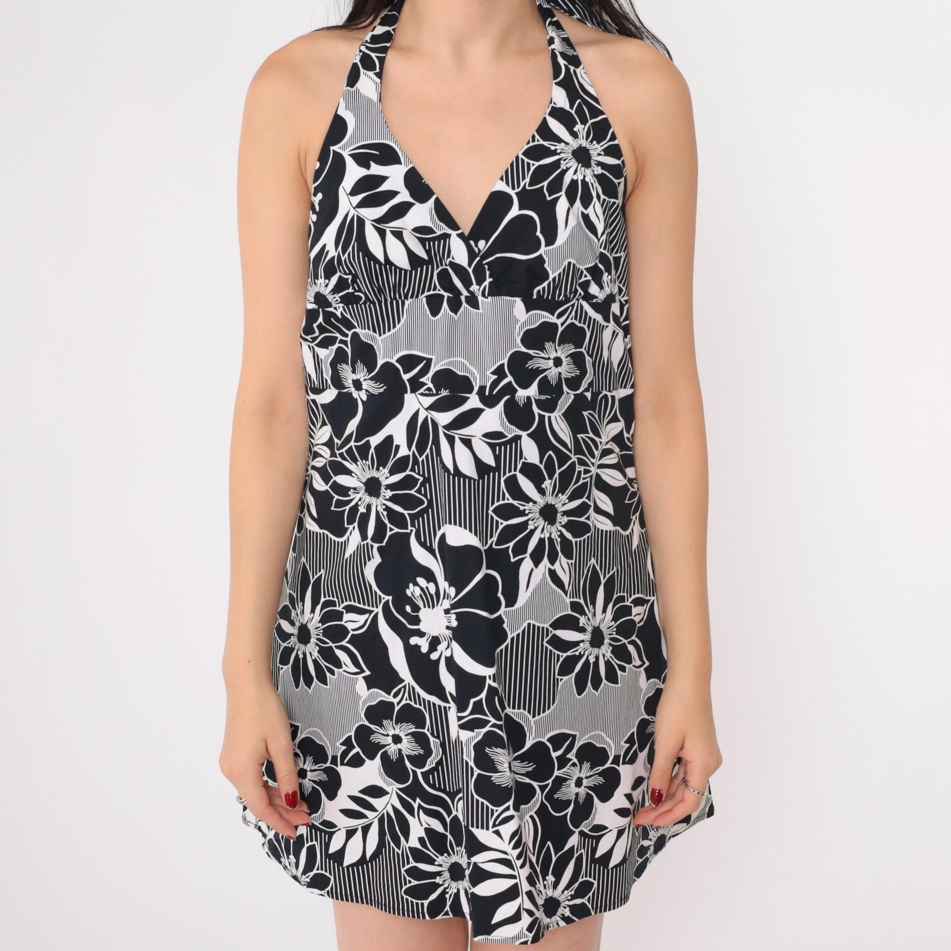 Y2K Floral Halter Mini Dress Black White Empire Waist Backless Small