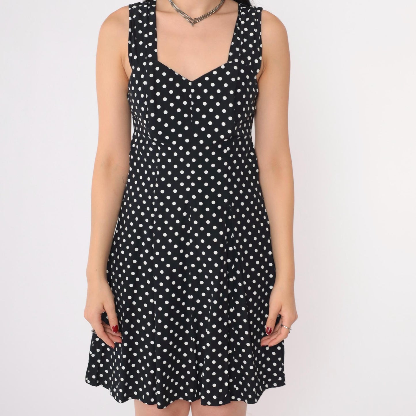 90s Black White Polka Dot Mini Dress Keyhole Back Smocked Sundress Small