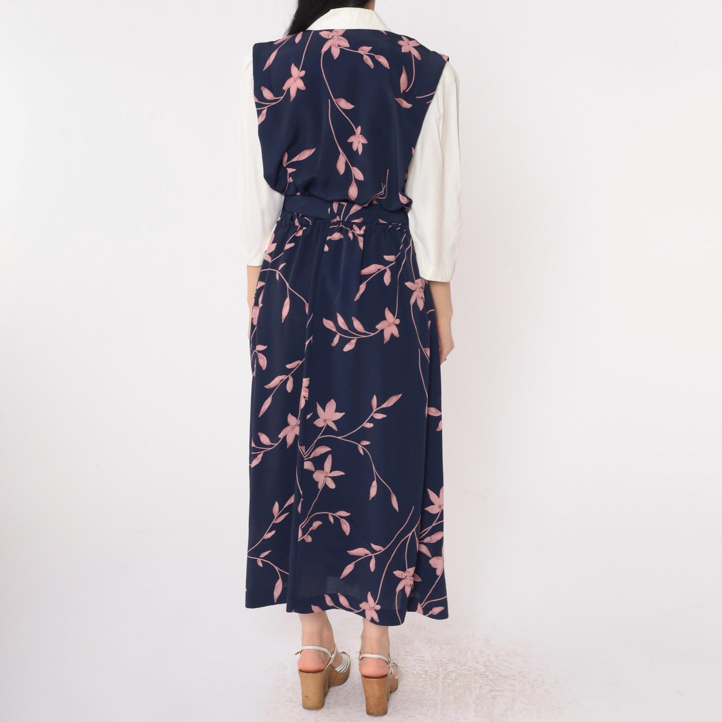 90s Navy Floral Maxi Dress Button-Up Attached Shirt 3/4 Sleeve Belted Medium