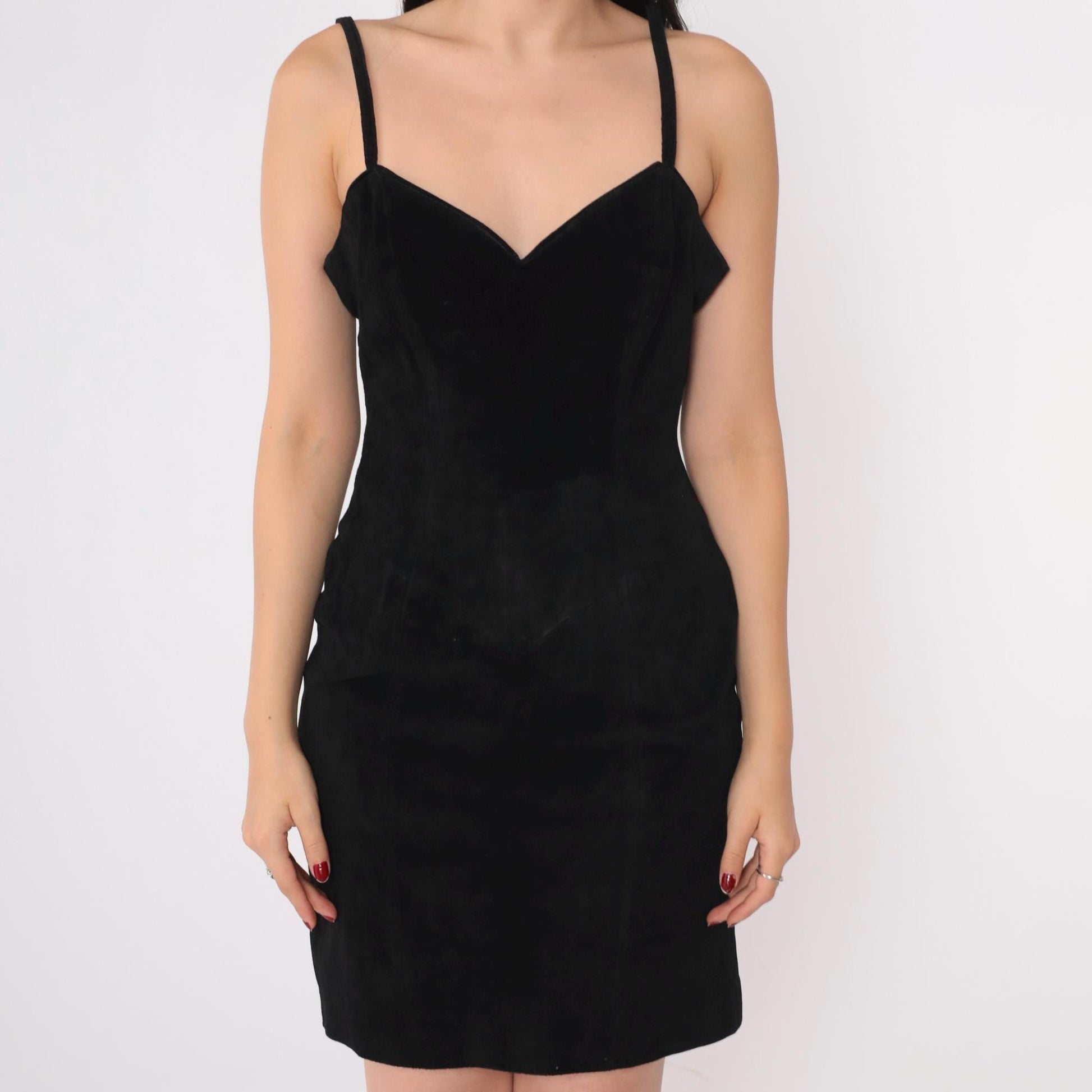 80s Wilsons Leather Black Suede Mini Dress Bodycon Sweetheart Neckline Small