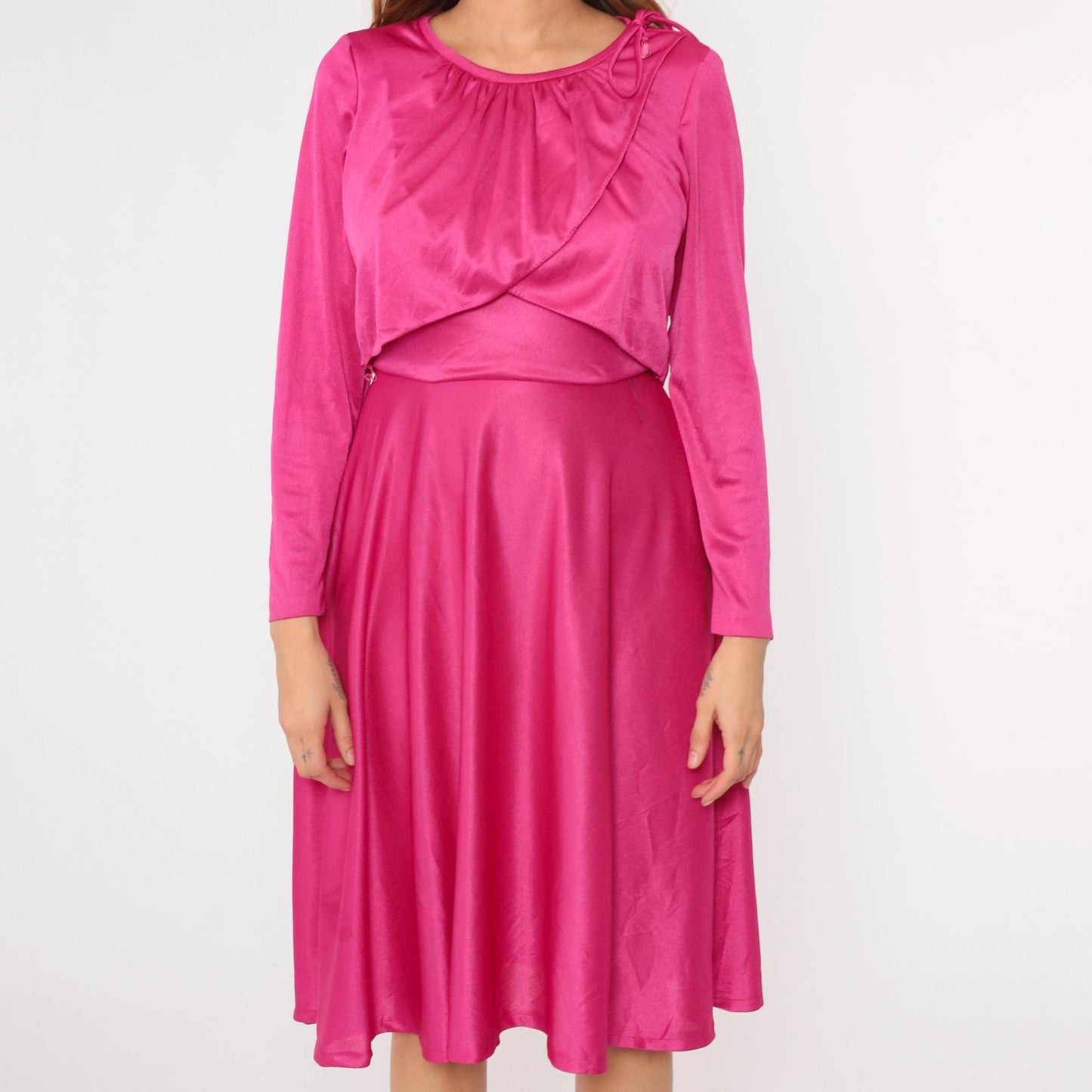 70s Fuchsia Grecian Draped Midi Dress Tie Shoulder Long Sleeve Small