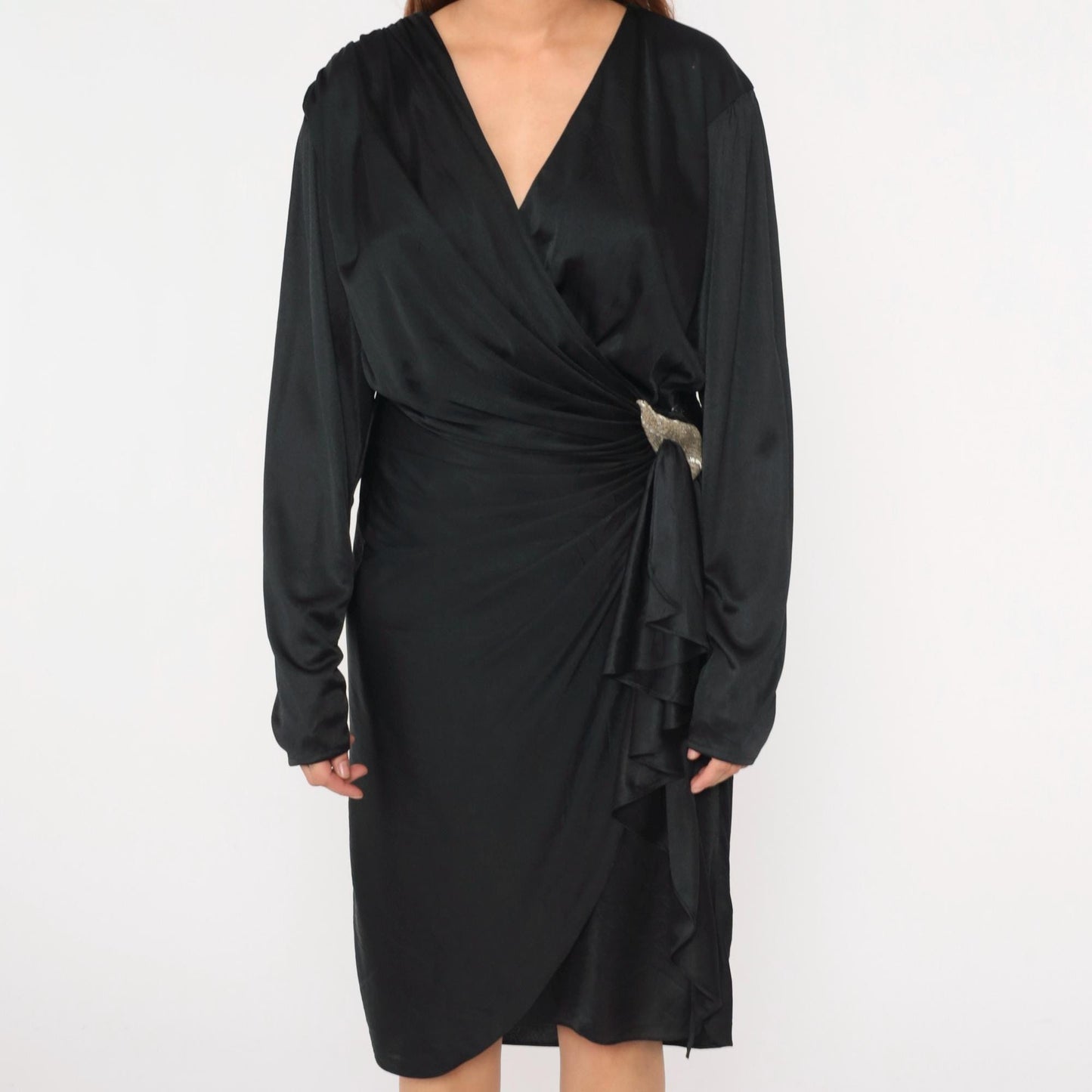 80s Black Faux Wrap Midi Dress Beaded Waist V Neck Long Sleeve Medium