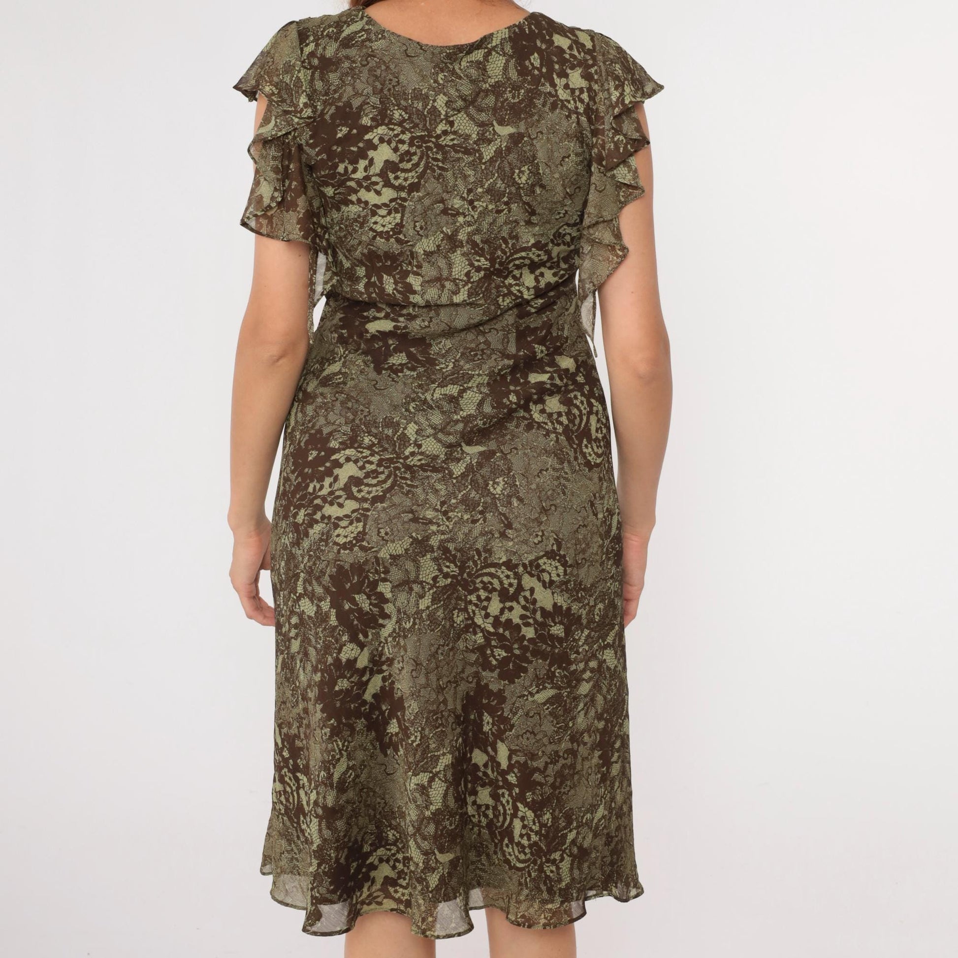 Y2K Floral Chiffon Midi Dress Brown Green Empire Waist V-Neck Small 6
