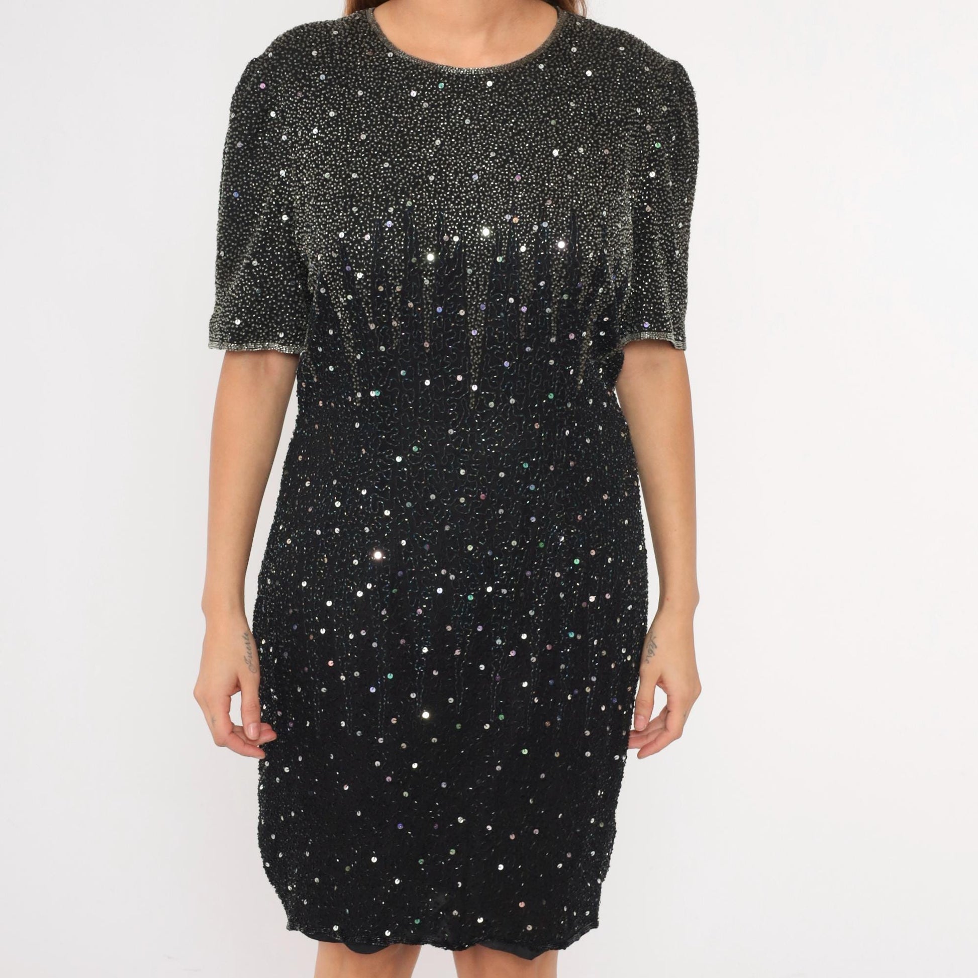 90s Black Silk Beaded Sequin Mini Dress Sleeveless Shift Medium Large